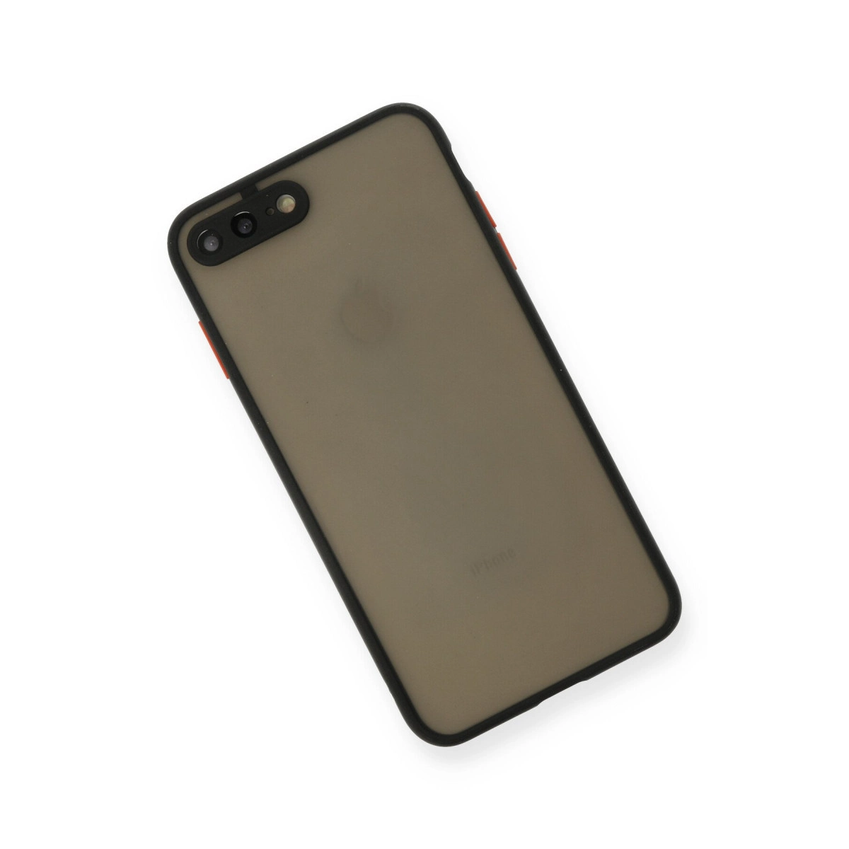 Siyah çerçeveli ve kırmızı vurgulu koyu gri iPhone, çift kamera.