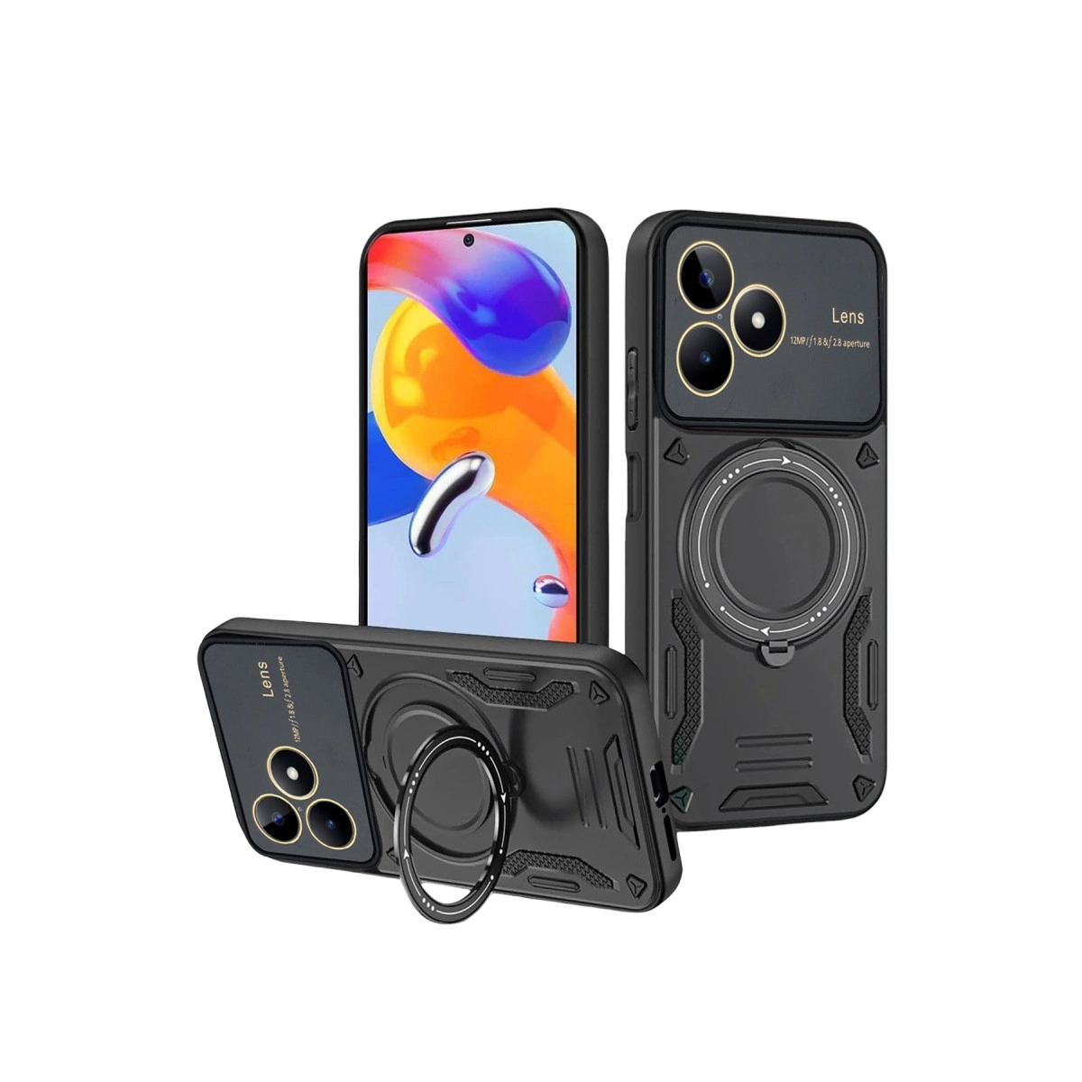 Halka tutuculu ve üç kamera lensli siyah telefon kılıfı.