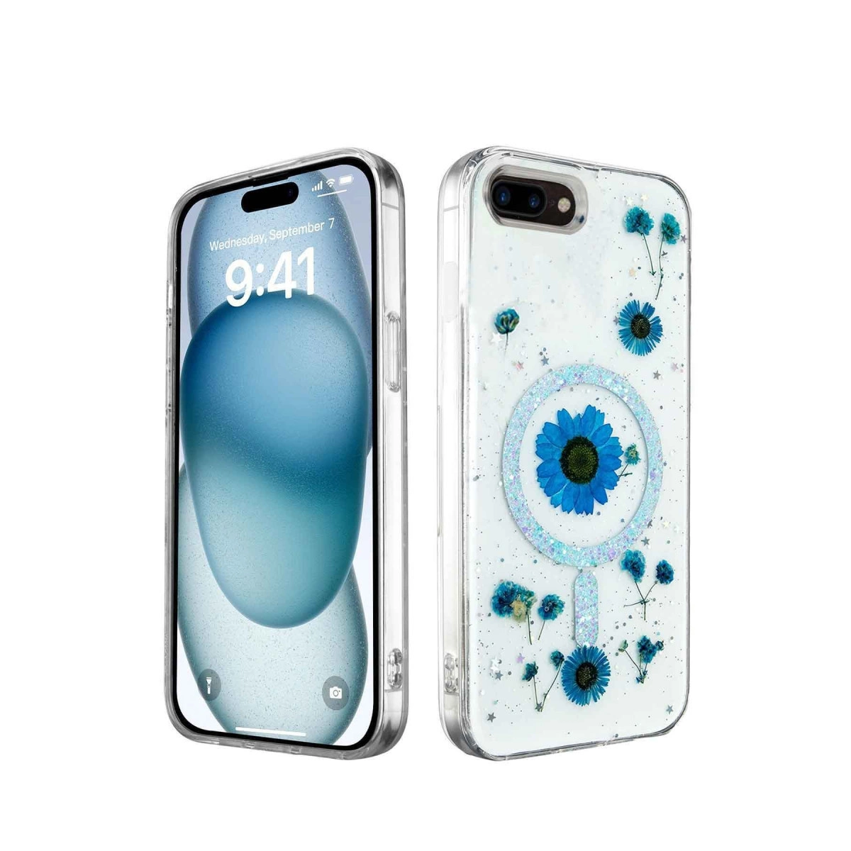 Yanında mavi çiçekli telefon kılıfı olan bir iPhone.