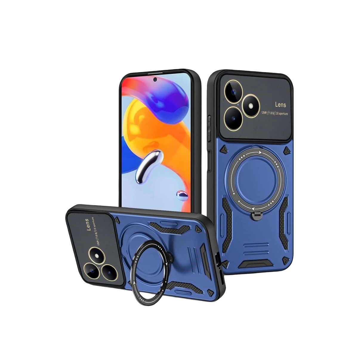 Halka tutuculu ve kamera kapaklı üç mavi telefon kılıfı.
