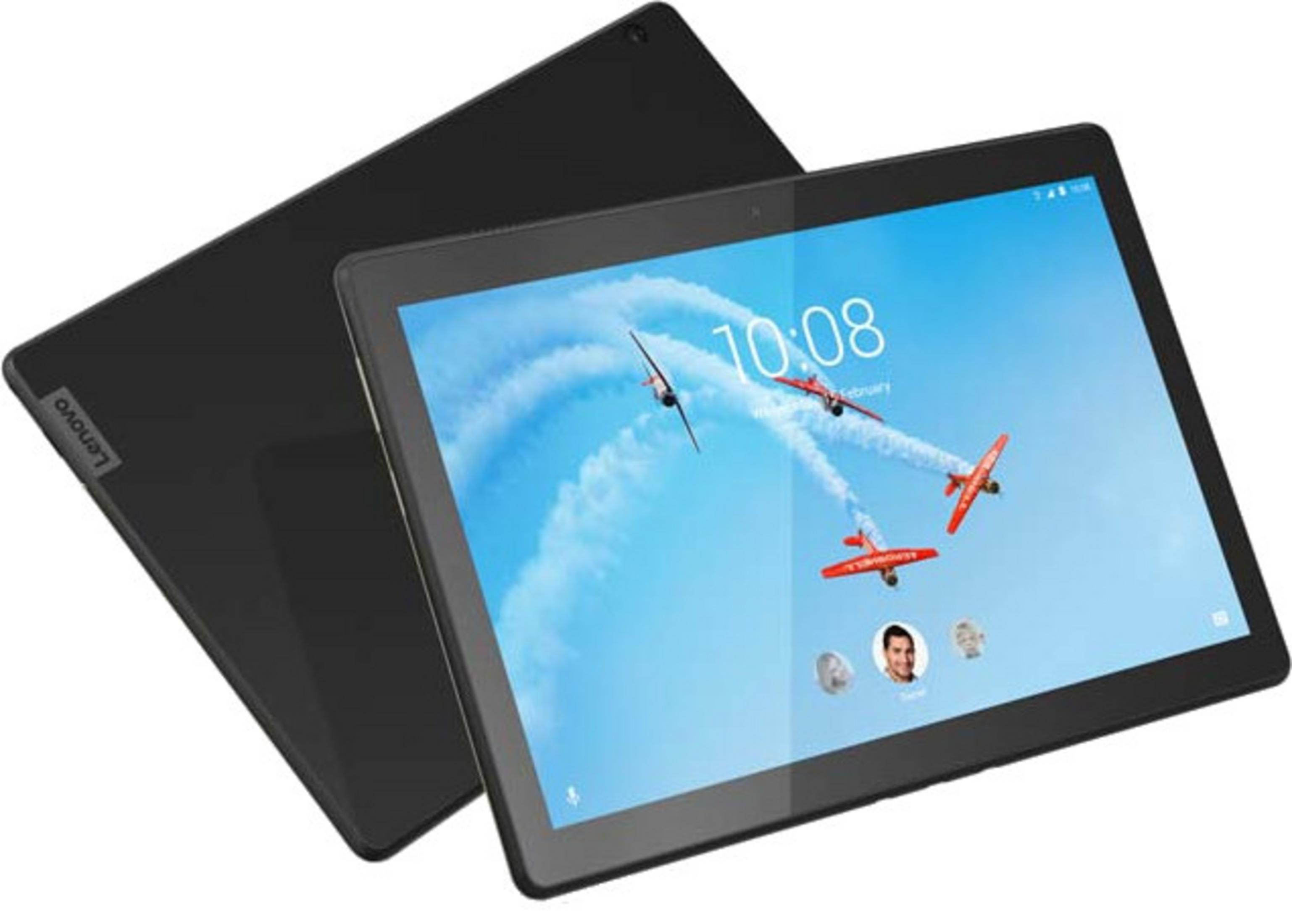 Zwei schwarze Lenovo Tablets, eines mit einem blauen Himmel und Flugzeugen auf dem Bildschirm.