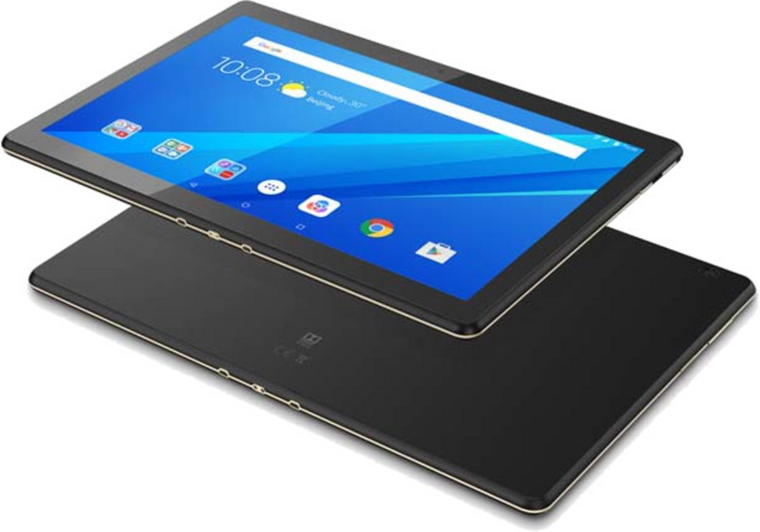 Ein schwarzes Tablet mit blauem Bildschirm, das auf einer schwarzen Rückseite liegt.