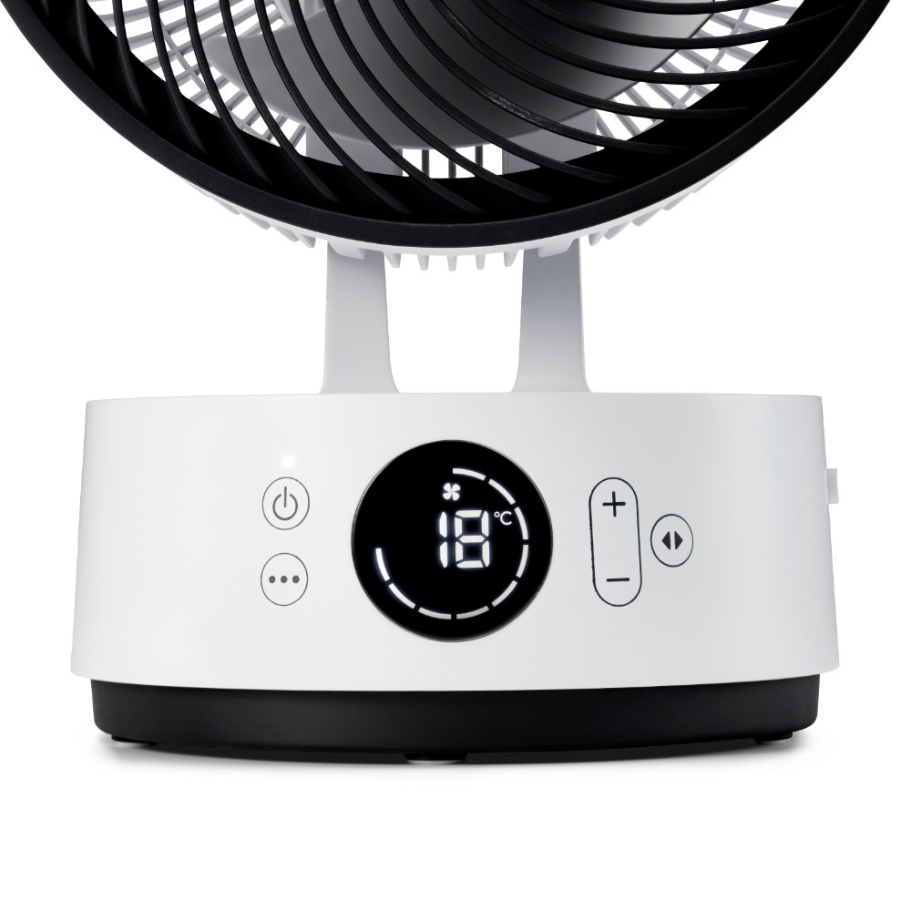 Ein weißer Ventilator mit digitaler Anzeige, die 18°C zeigt.