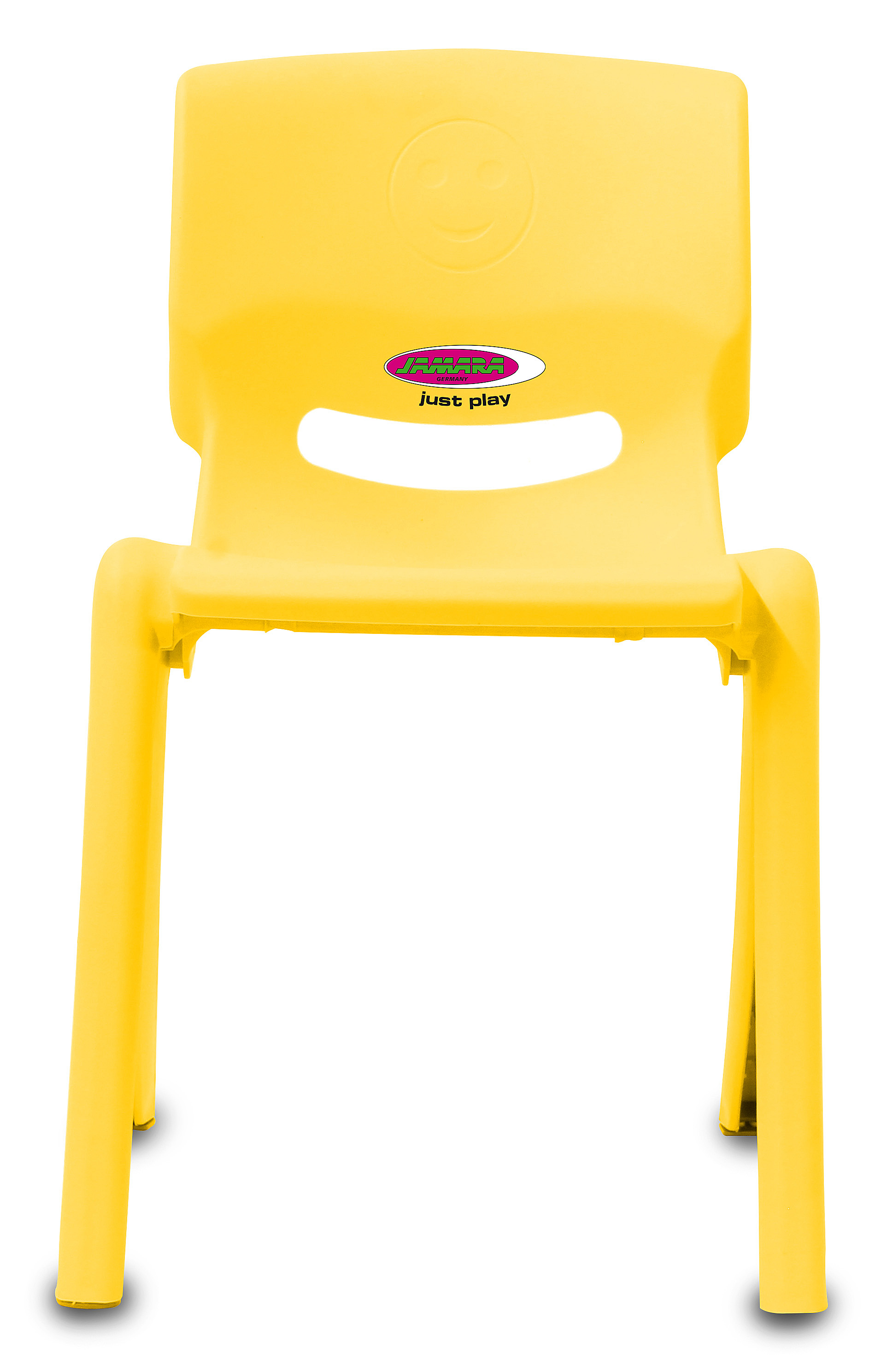 Ein gelber Kinderstuhl aus Kunststoff mit einem Smiley-Gesicht und dem Logo.