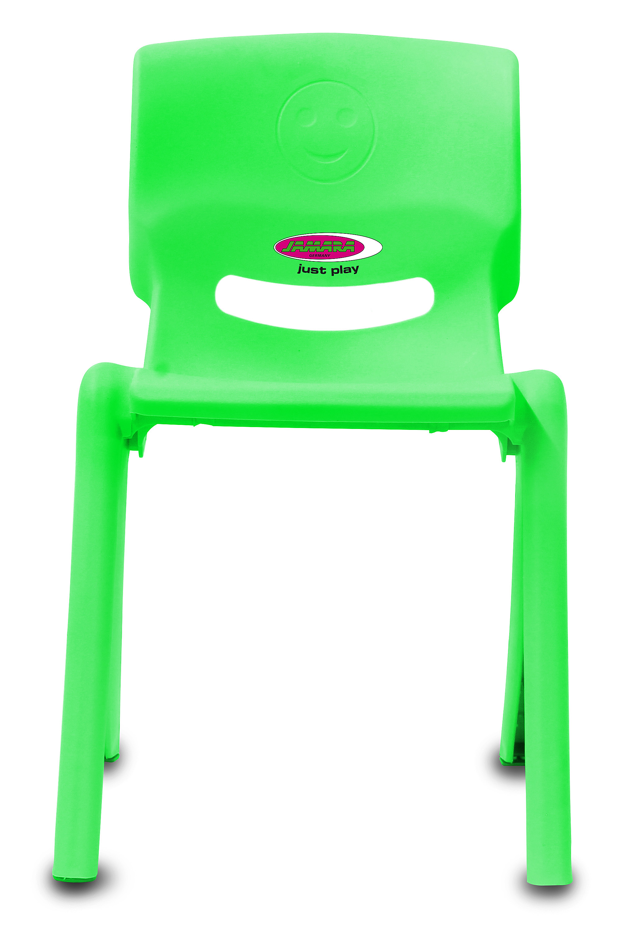 Ein leuchtend grüner Plastikstuhl mit einem lächelnden Gesicht auf der Rückenlehne.