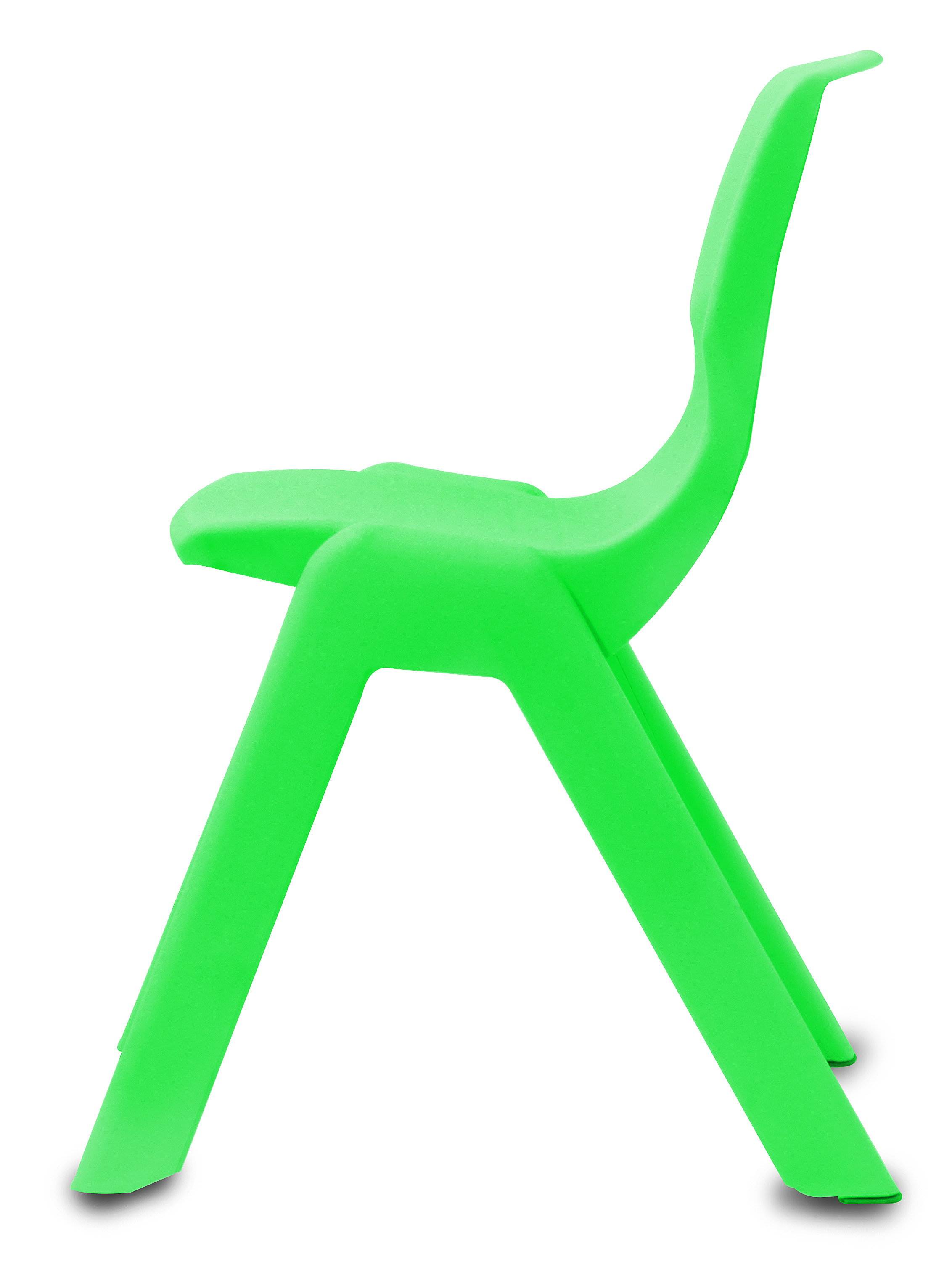 Ein leuchtend grüner Plastikstuhl ist seitlich abgebildet.