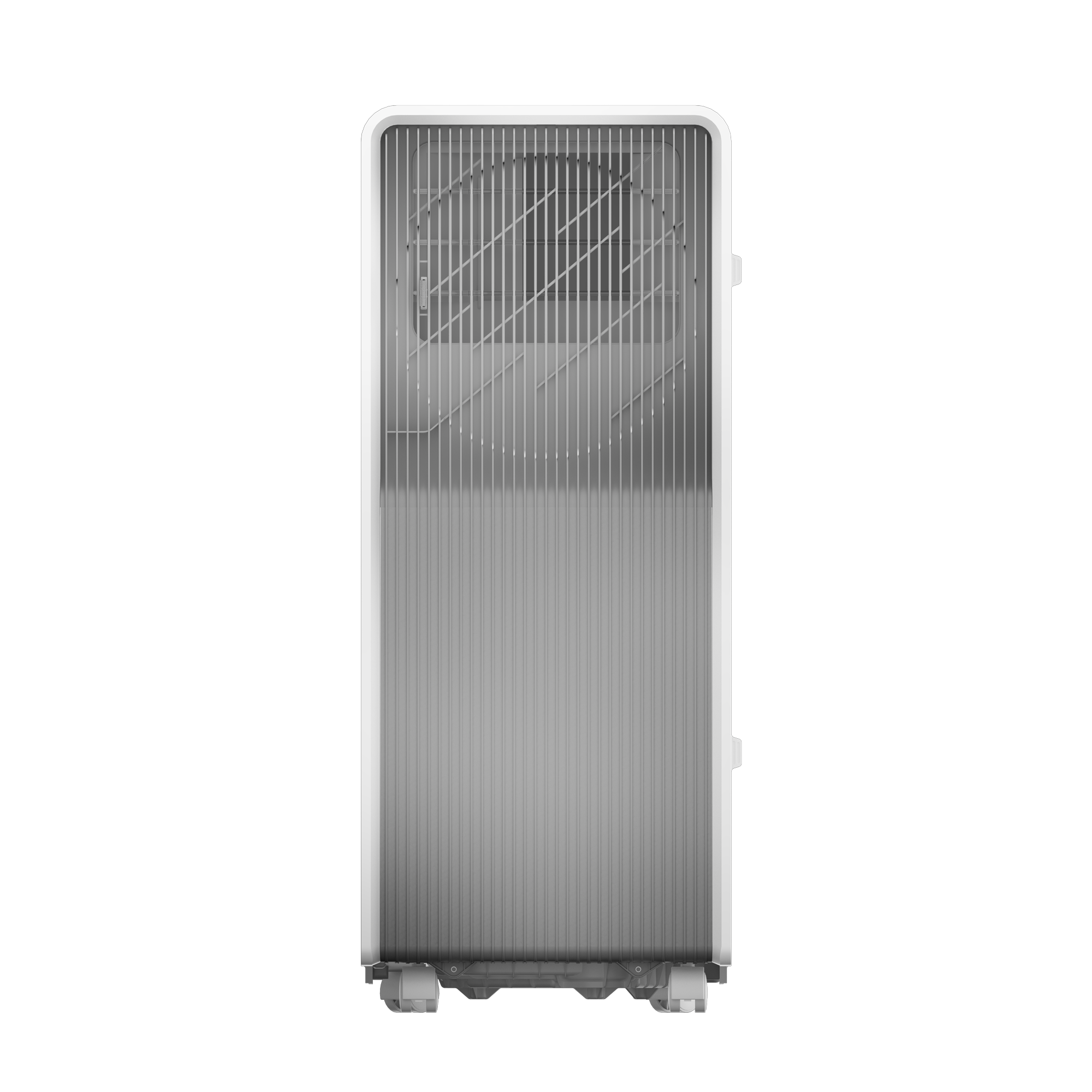 Ein weißer Radiator mit vertikalen Lamellen und Rädern unten.
