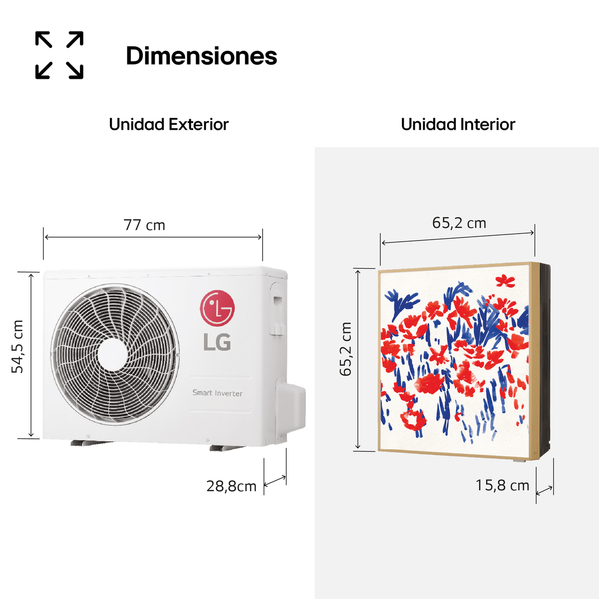 Dimensiones unidad exterior (77x54,5x28,8cm) y unidad interior (65,2x65,2x15,8cm).