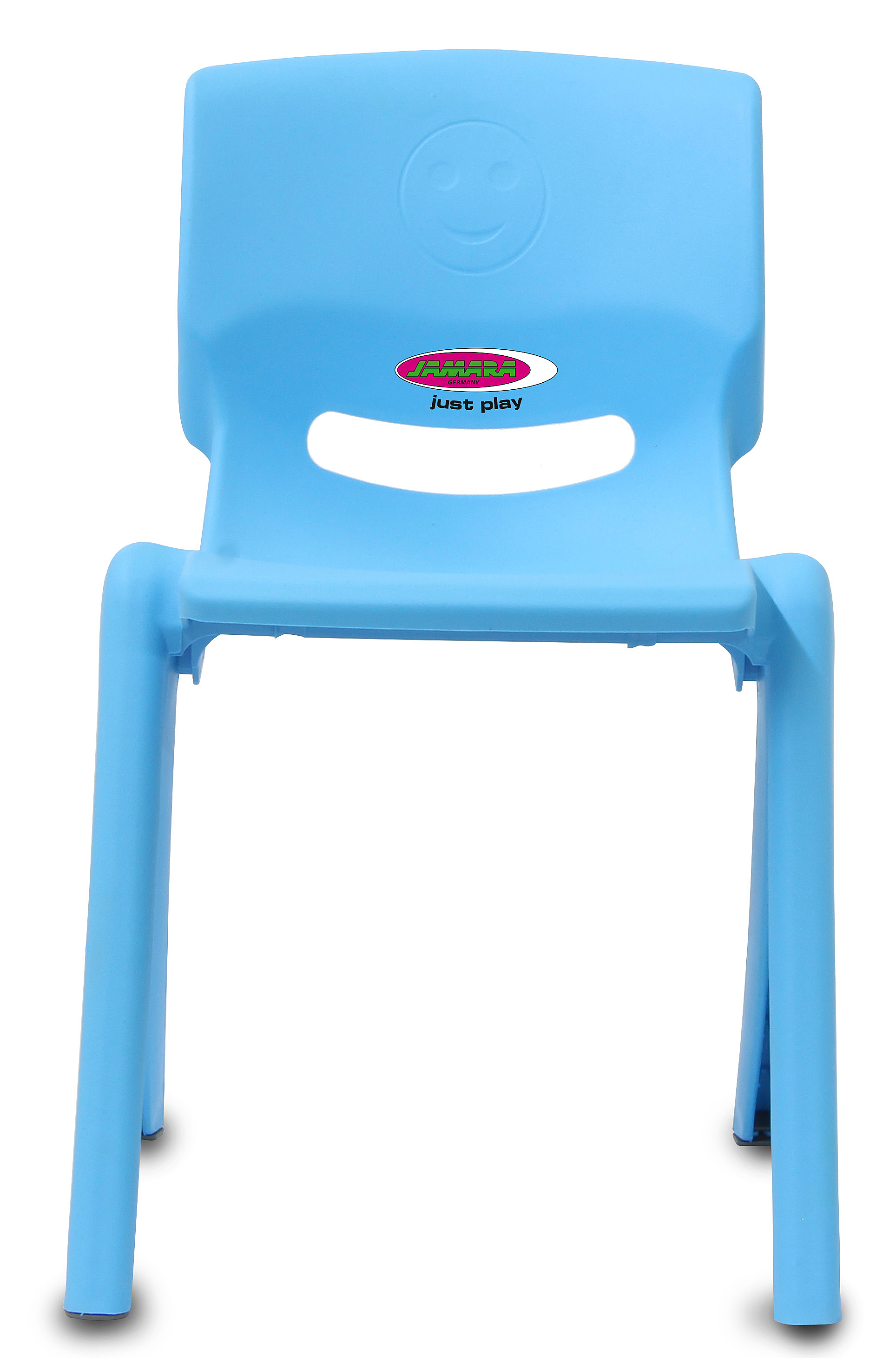 Ein blauer Plastikstuhl mit Smiley-Gesicht und Aufdruck.
