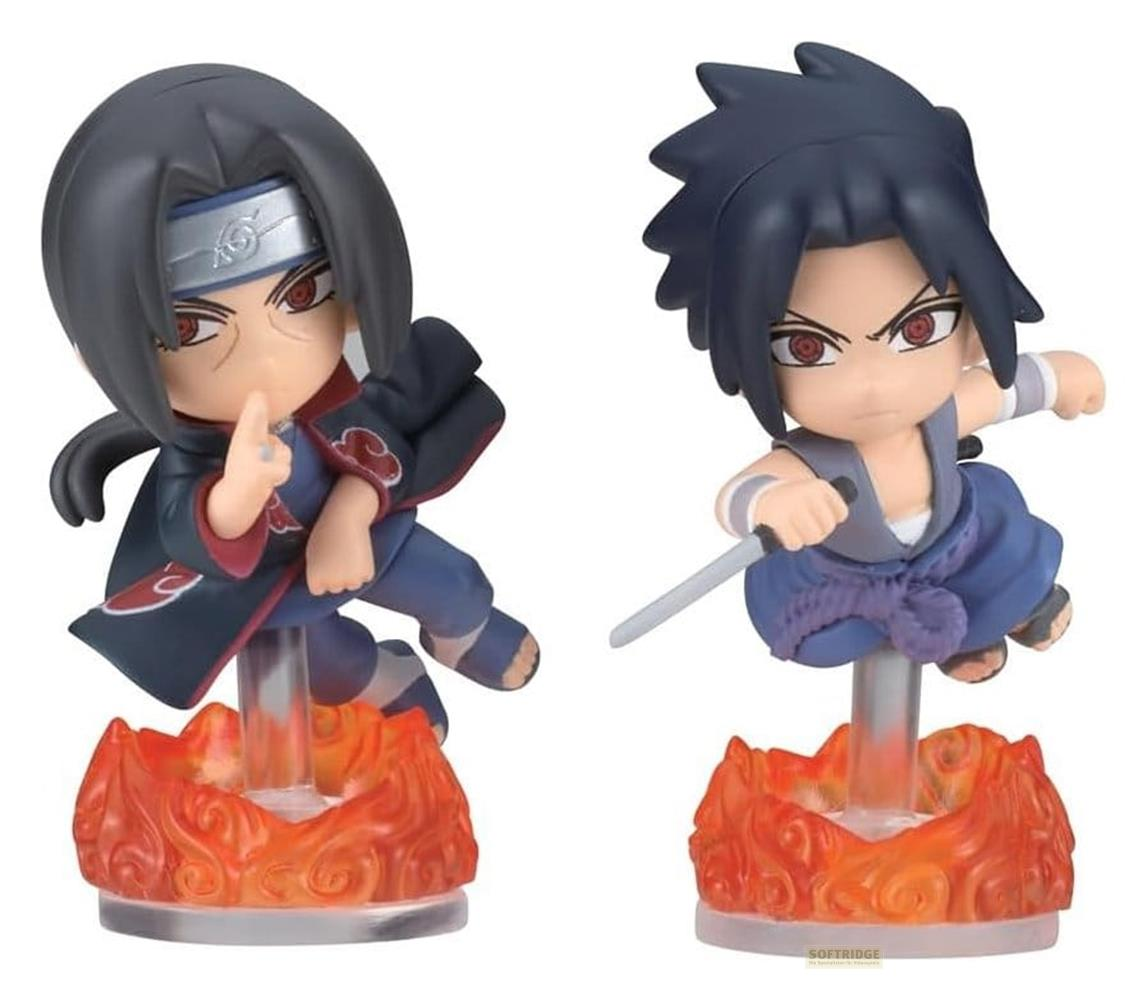 Two anime figures on flame bases, one holding a sword, the other with a finger raised.
