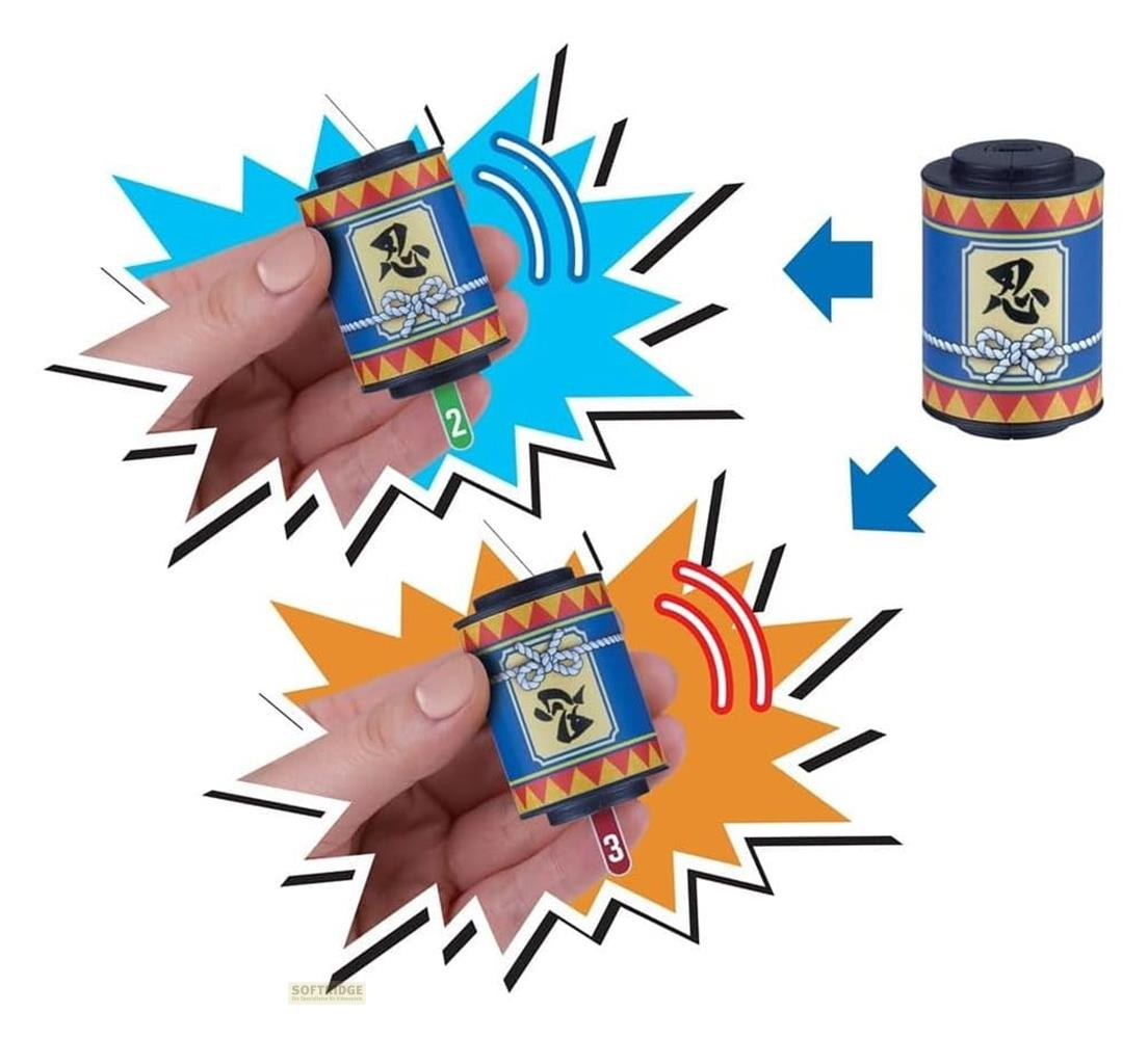 Two hands hold blue drums with Japanese characters. Arrows point to a drum.