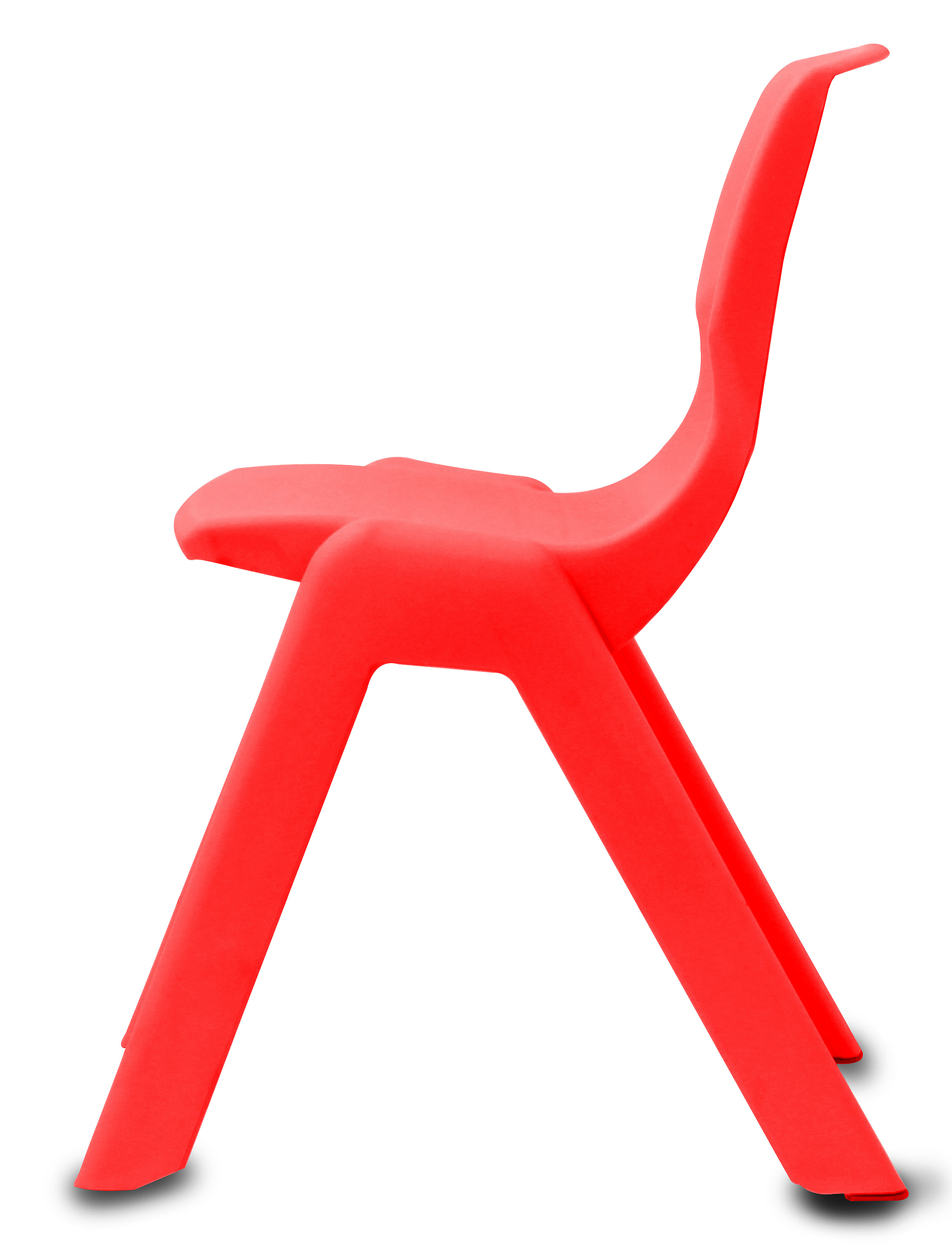Ein roter Plastikstuhl, seitlich von rechts nach links gesehen.