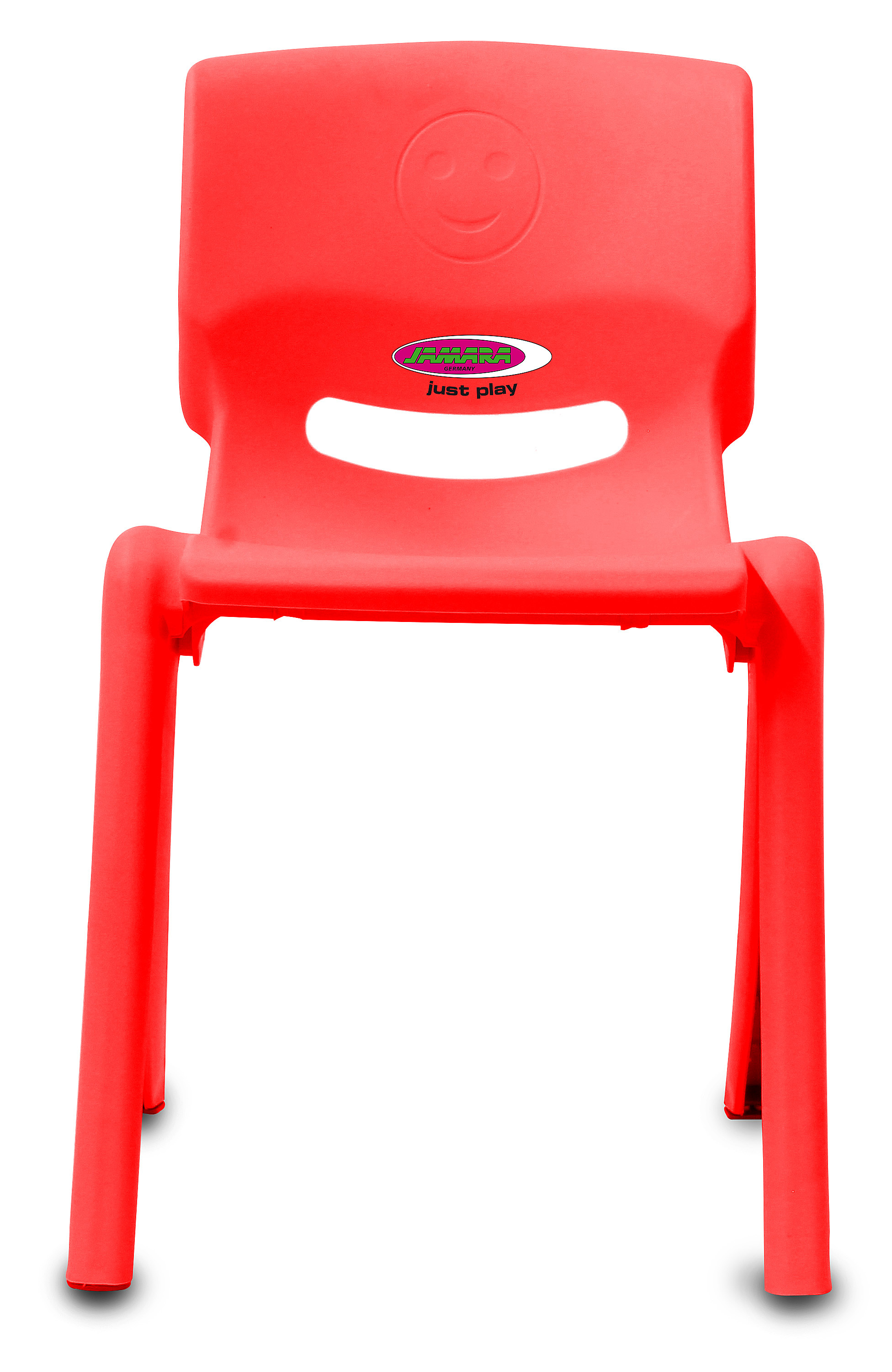 Ein roter Kinderstuhl mit einem Smiley-Aufdruck und dem Logo "JAMARA".