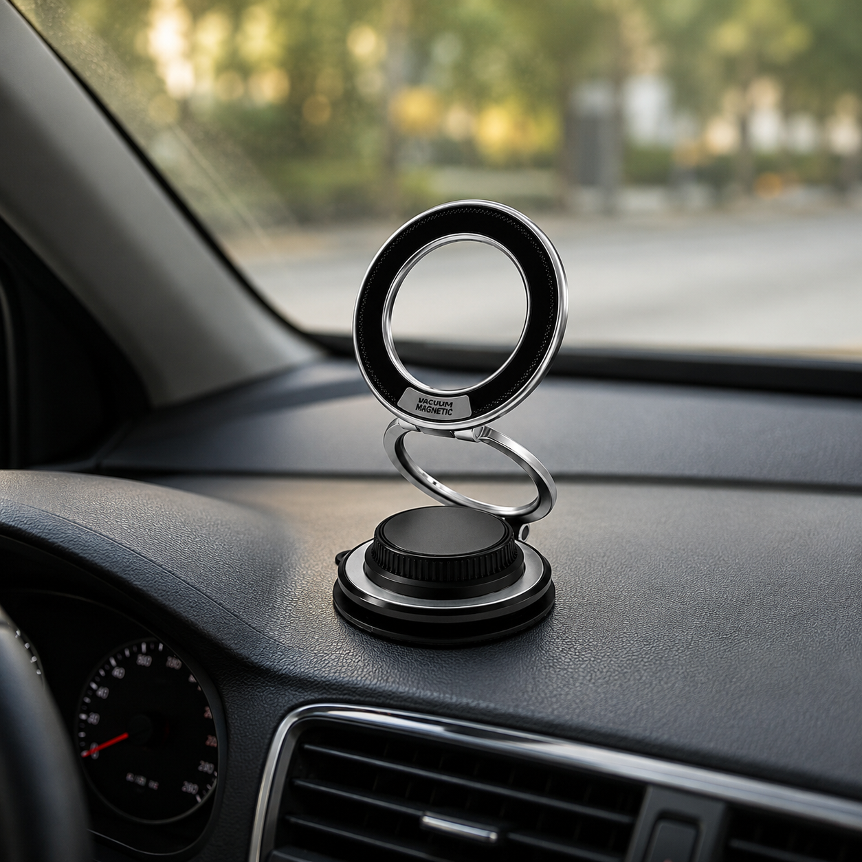 Un soporte magnético para coche negro y plateado con base de vacío en el salpicadero.