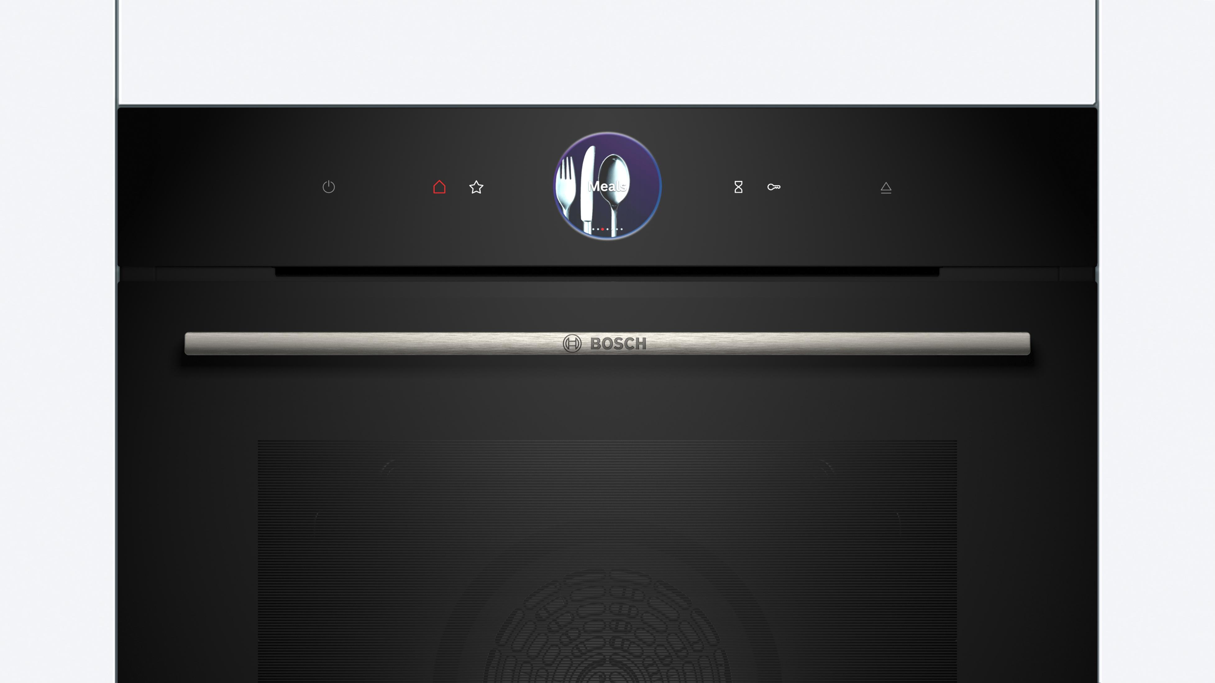 Forno nero con pannello di controllo touch screen che mostra un menu con icone di posate.
