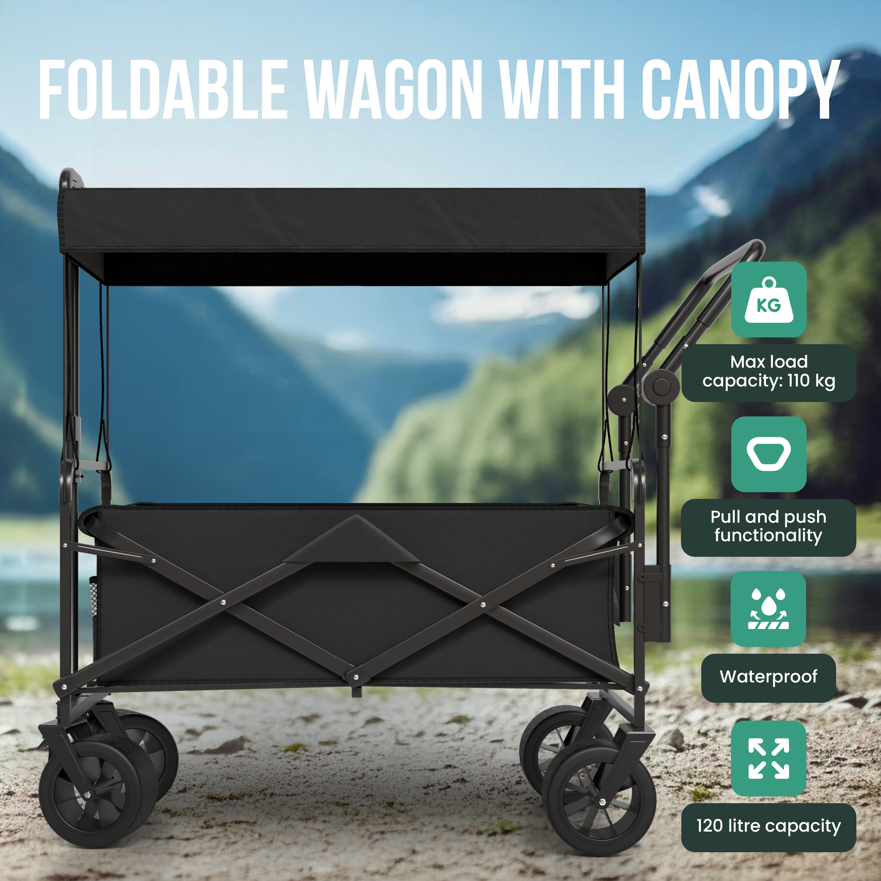 Black foldable outdoor wagon with canopy, outdoors on sand.