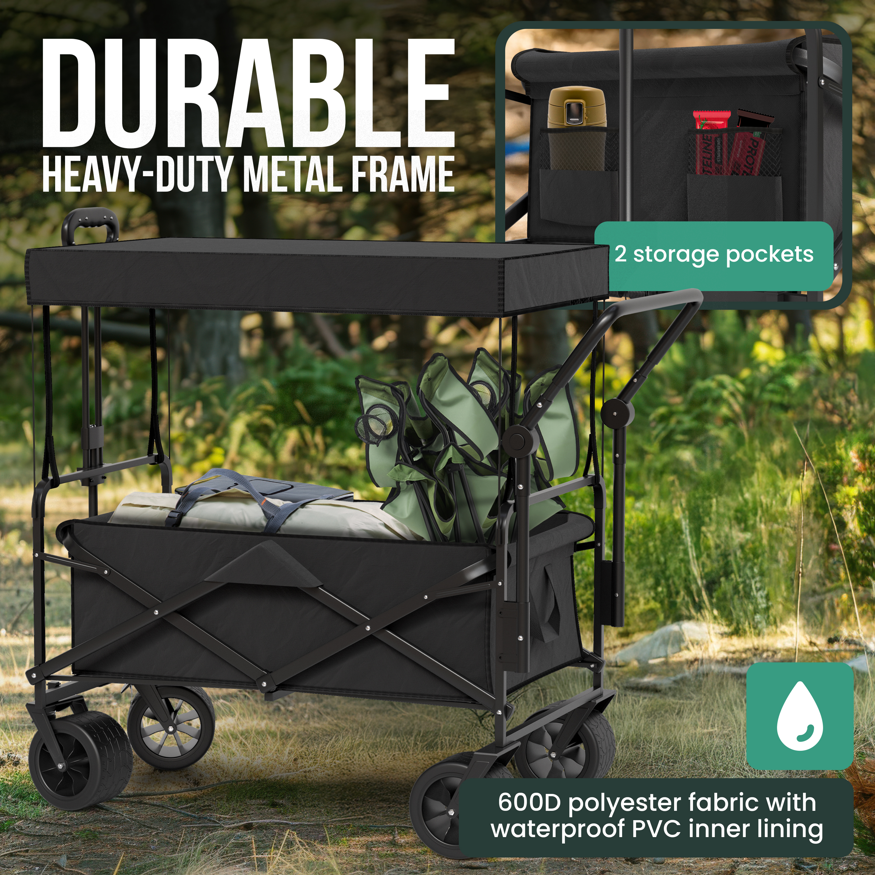 Black outdoor wagon with fabric canopy, chairs, and bottles in side pockets.