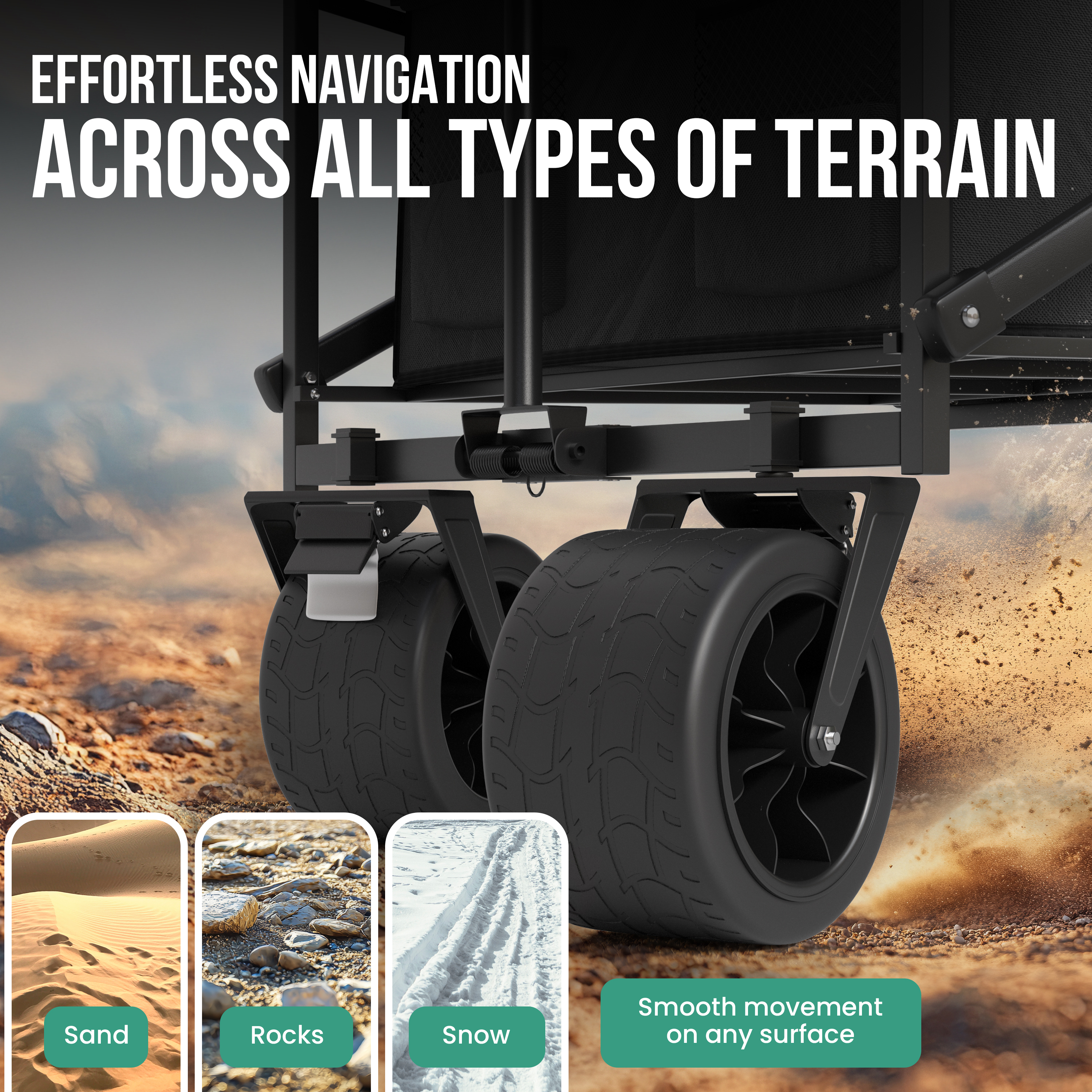 A black wagon with large wheels traverses sand, rocks, and snow.
