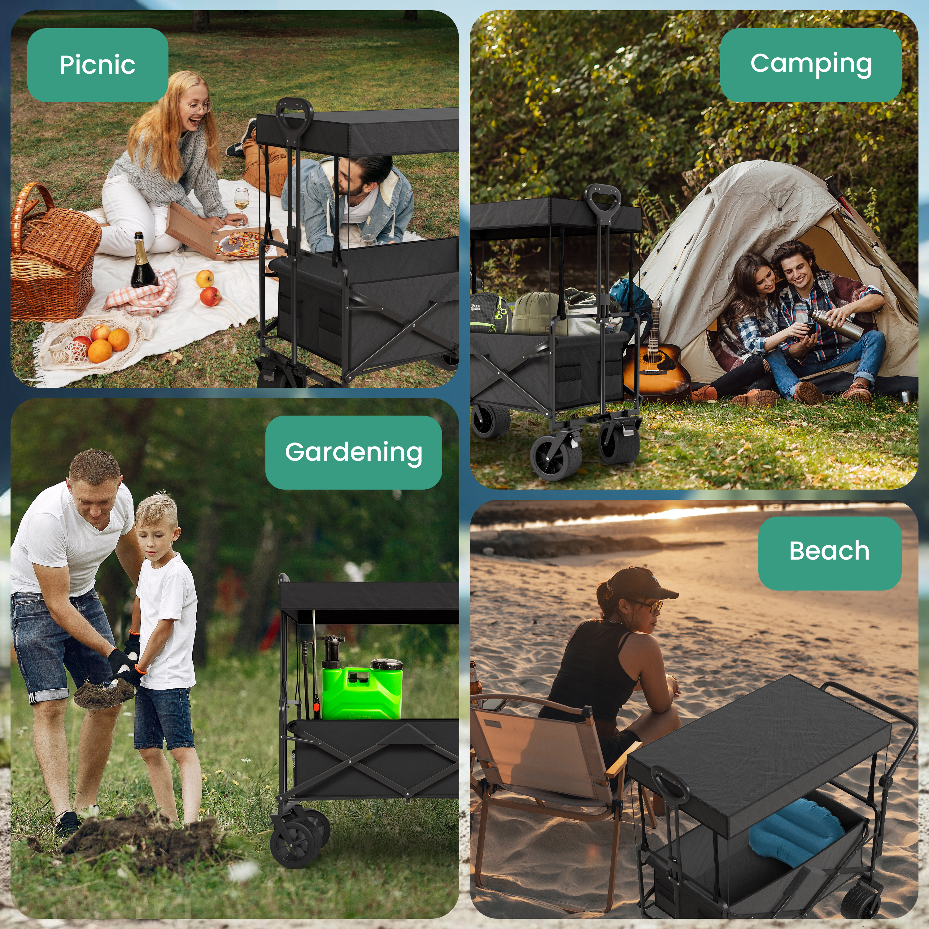 Picnic, camping, gardening, and beach scenes feature people and versatile carts.