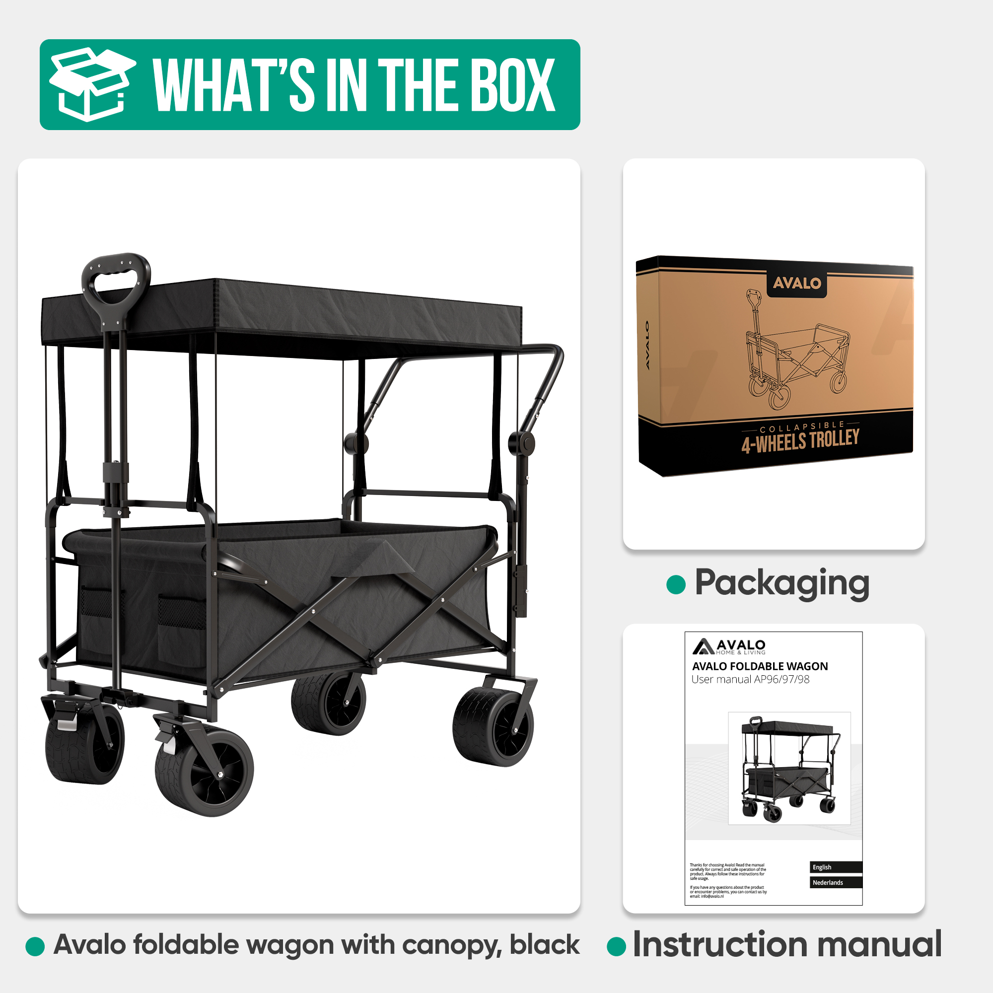 Black Avalo foldable wagon with canopy and instruction manual.