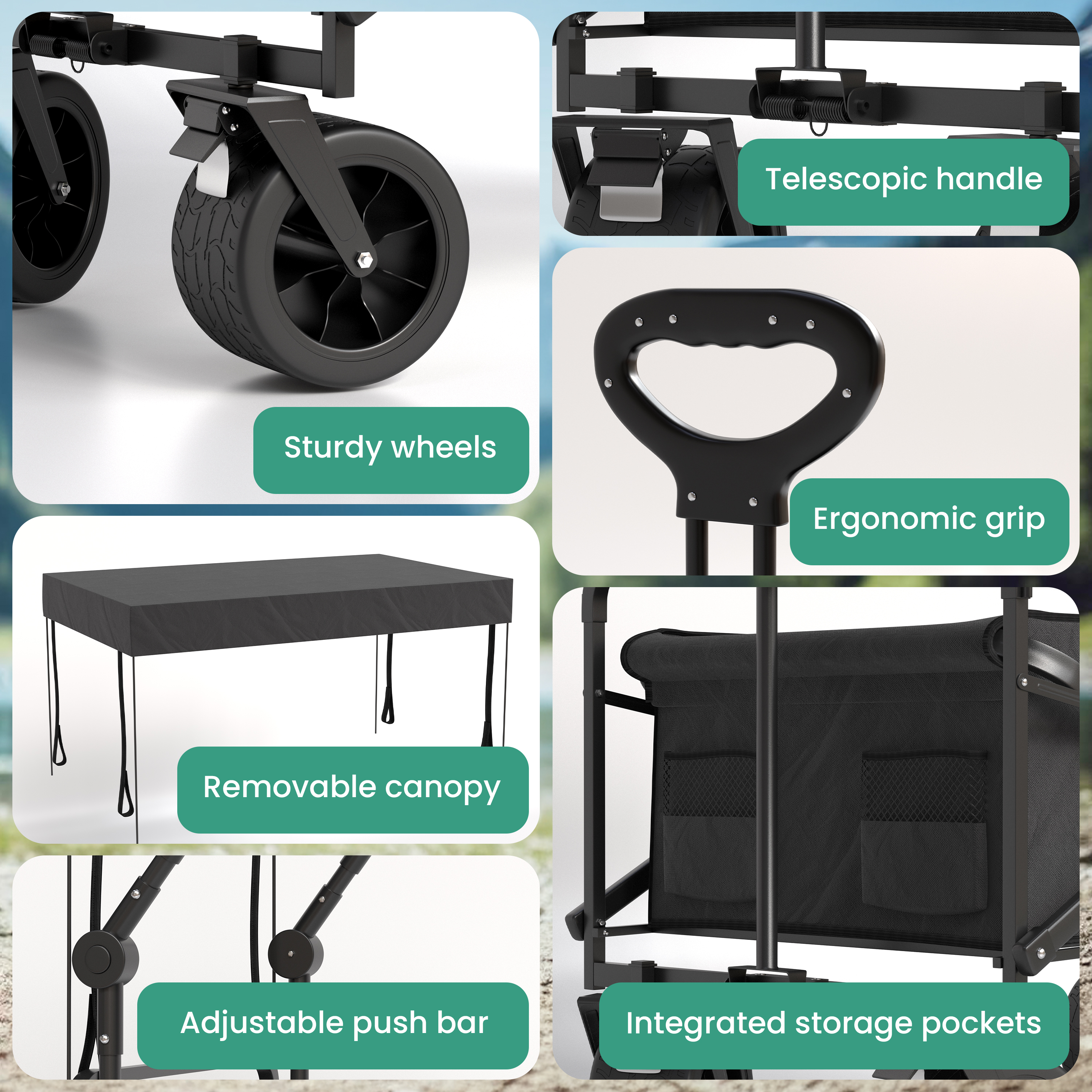 A black wagon featuring sturdy wheels, telescopic handle, ergonomic grip, removable canopy, and integrated pockets.