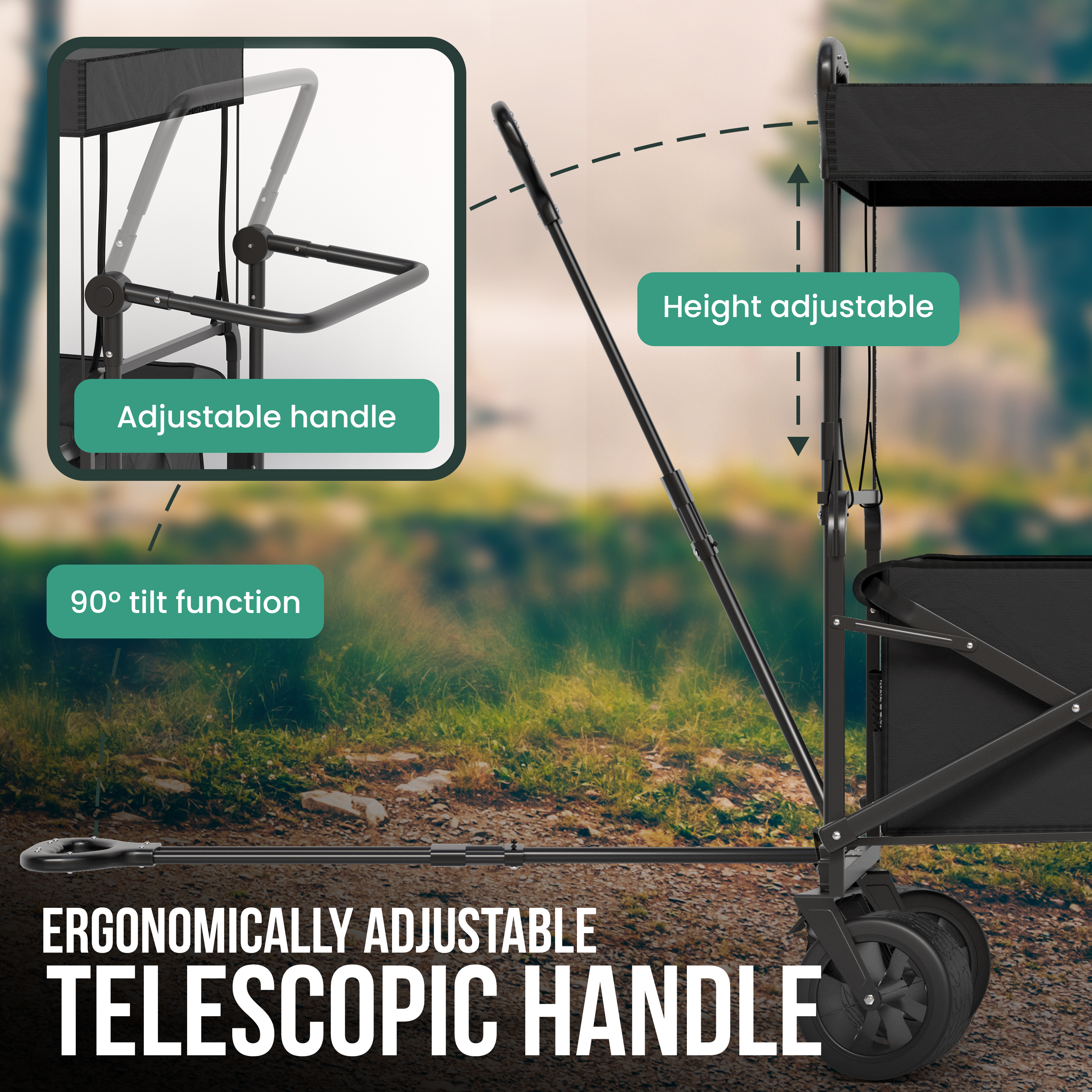 Black wagon with adjustable telescopic handle and wheels outdoors.