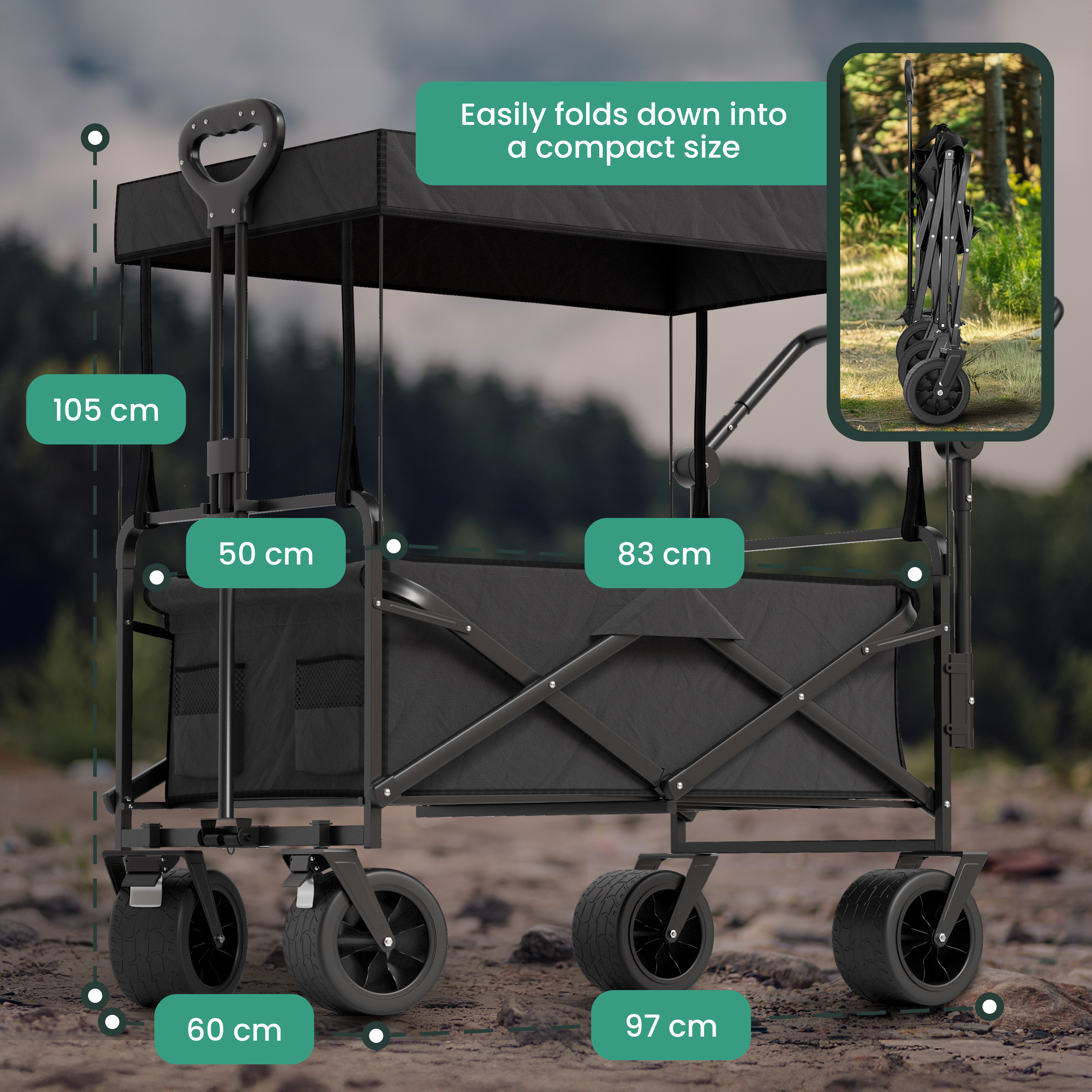 Black folding wagon with handle, wheels and dimensions in cm.