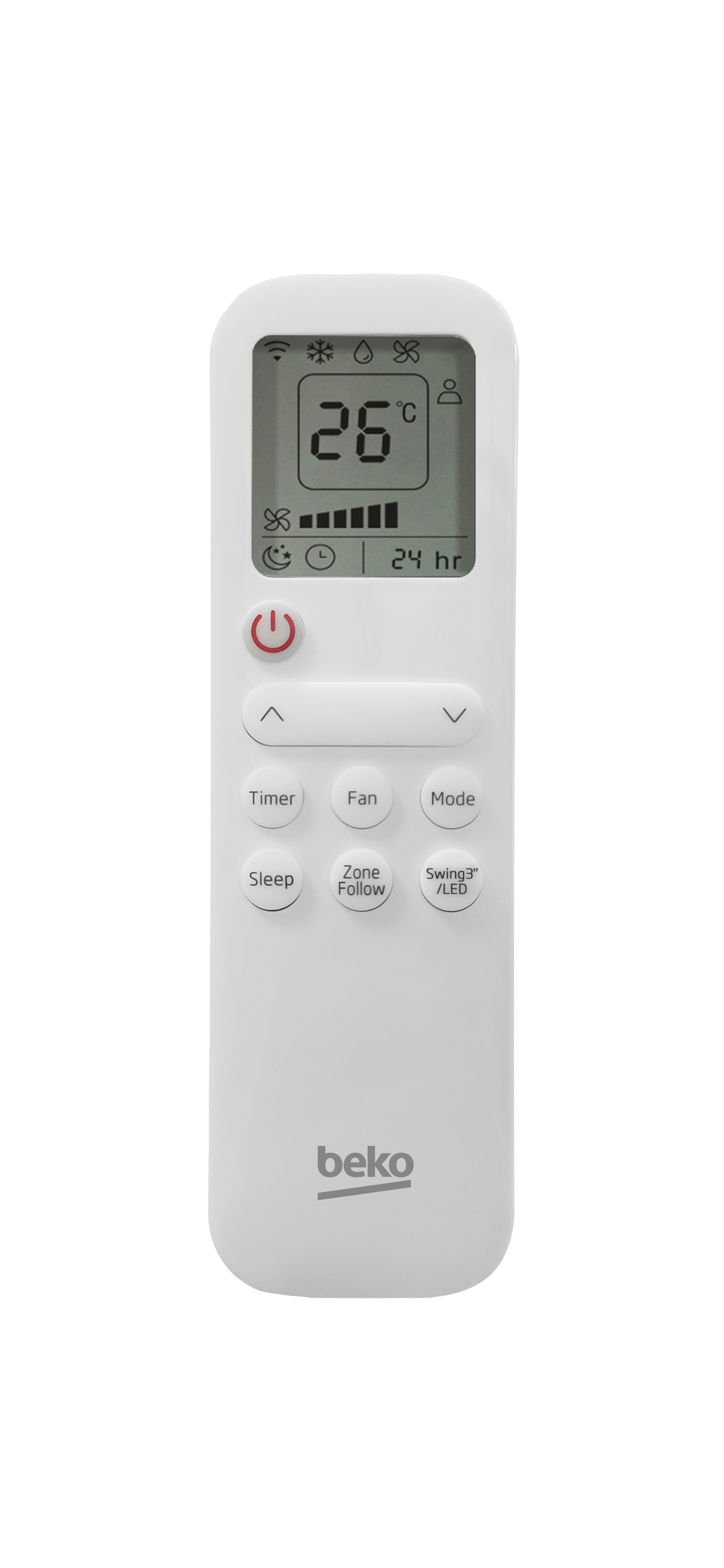 Un telecomando bianco per condizionatore Beko con schermo LCD che mostra 26°C.