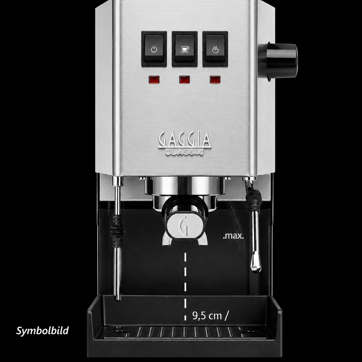 Edelstahl-Espressomaschine mit drei Knöpfen, Siebträger und Dampfdüse.