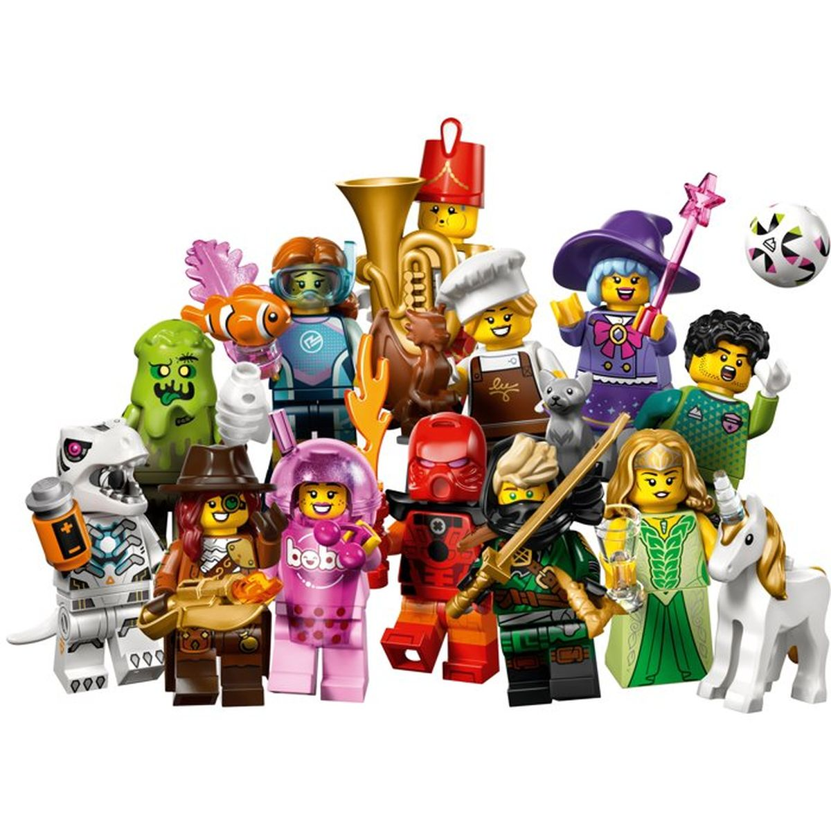 Un gruppo di figure Lego in vari costumi con un unicorno e una palla.