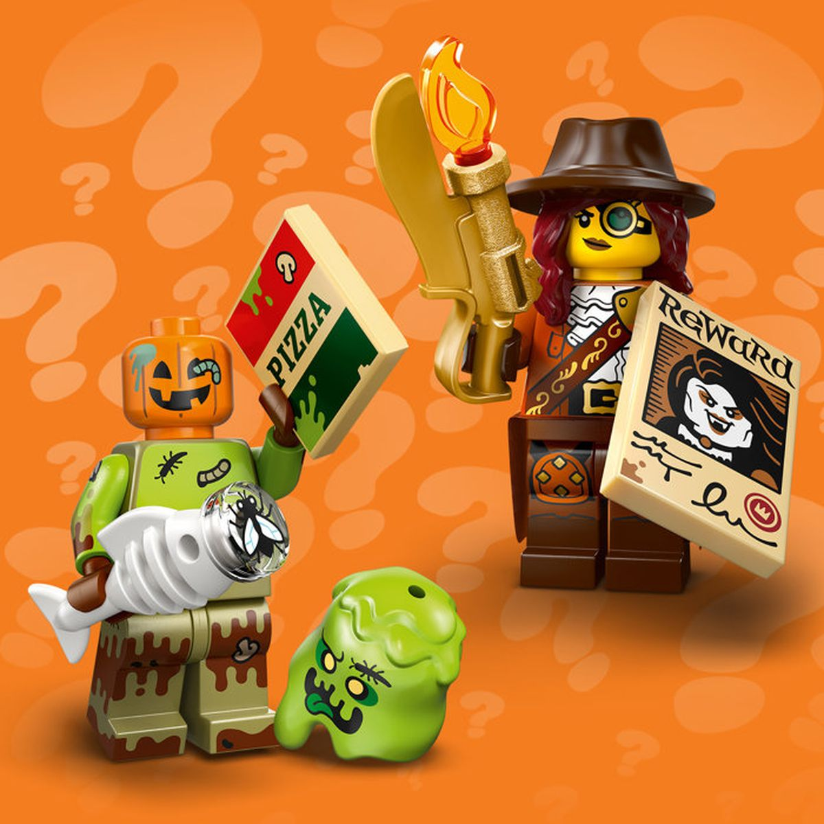 Personaggi LEGO: Zombie zucca con pizza, avventuriera con poster taglia, lanciafiamme.