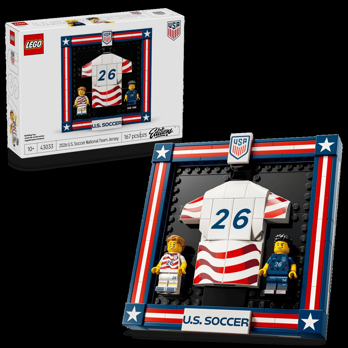 Set LEGO con maglia da calcio e due figure, design USA.