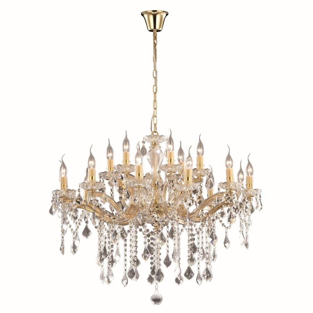 Un lampadario dorato con molti pendenti di cristallo e lampadine a candela.