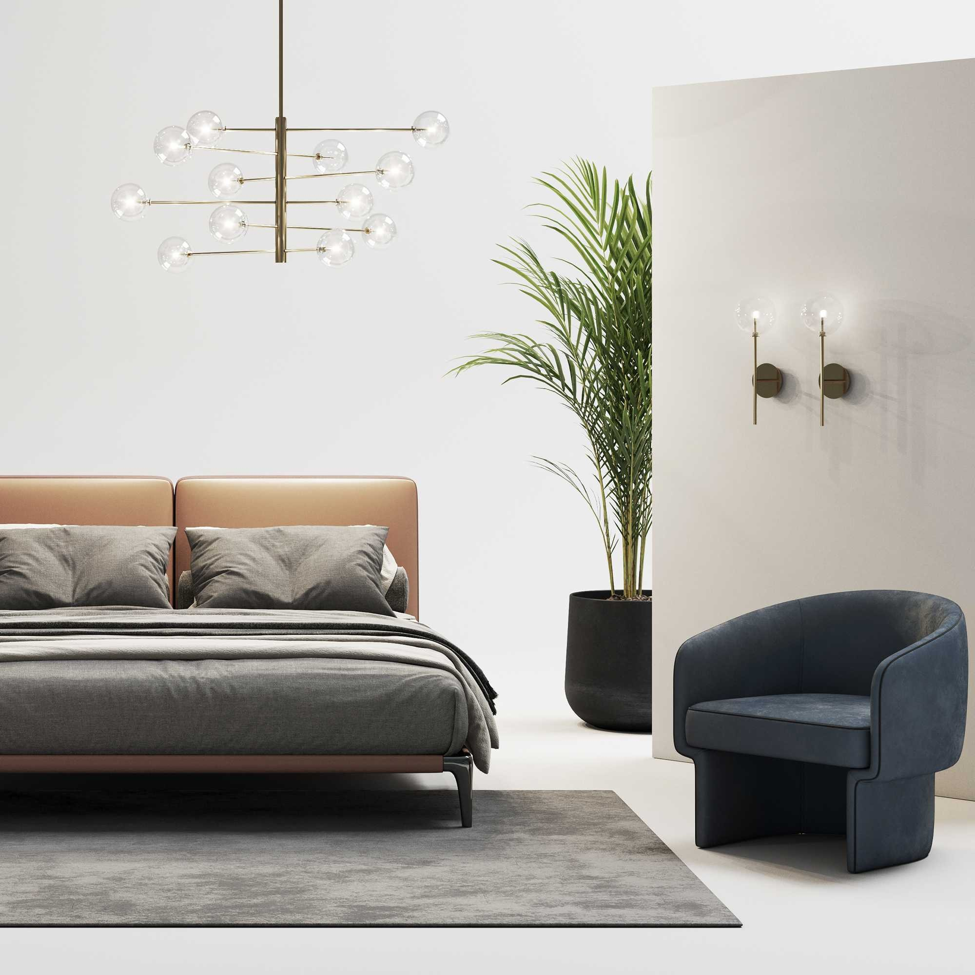 Una camera da letto con letto, poltrona, pianta e illuminazione.