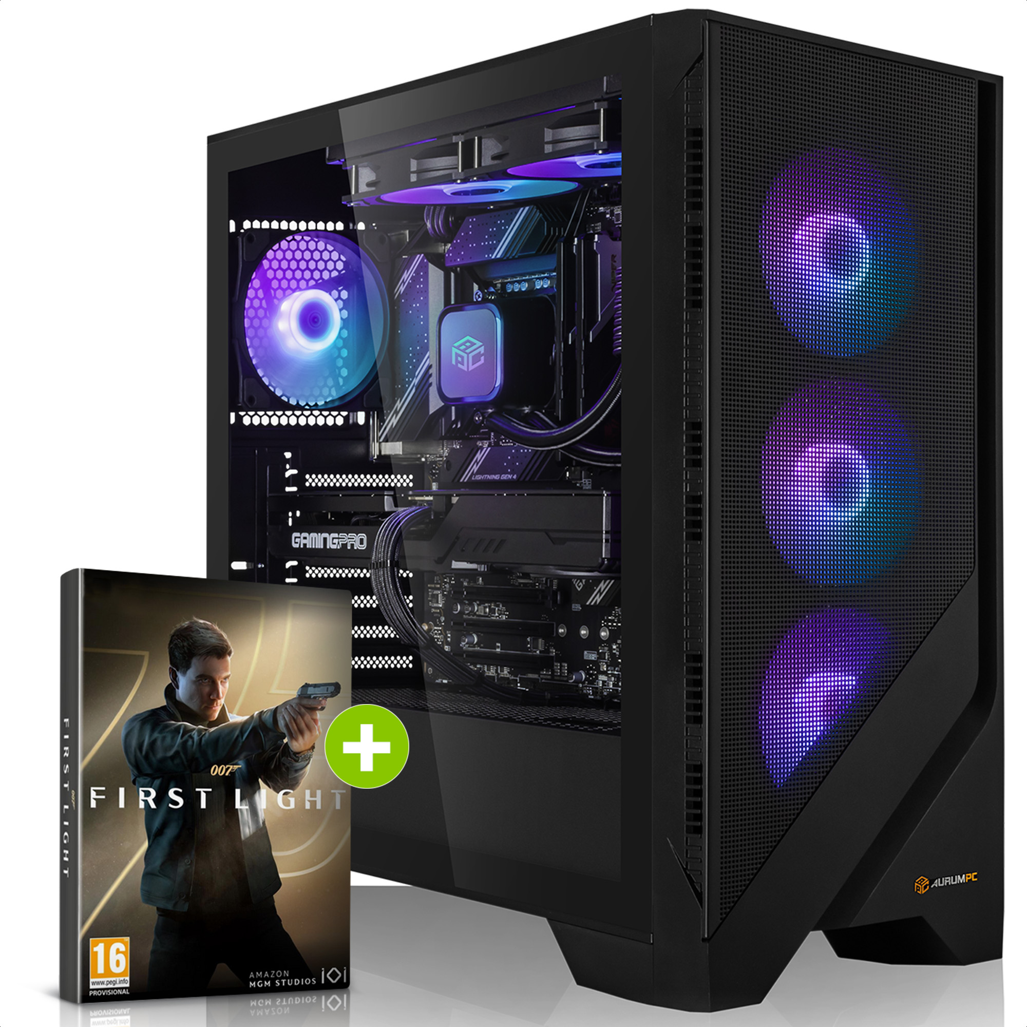 Ein schwarzer Gaming-PC mit RGB-Lüftern daneben eine Spielhülle von '007 First Light'.