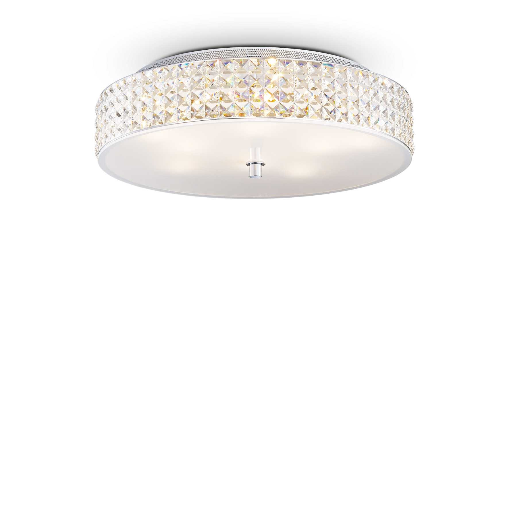 Lampada da soffitto rotonda a filo con bordo in cristallo e paralume bianco.