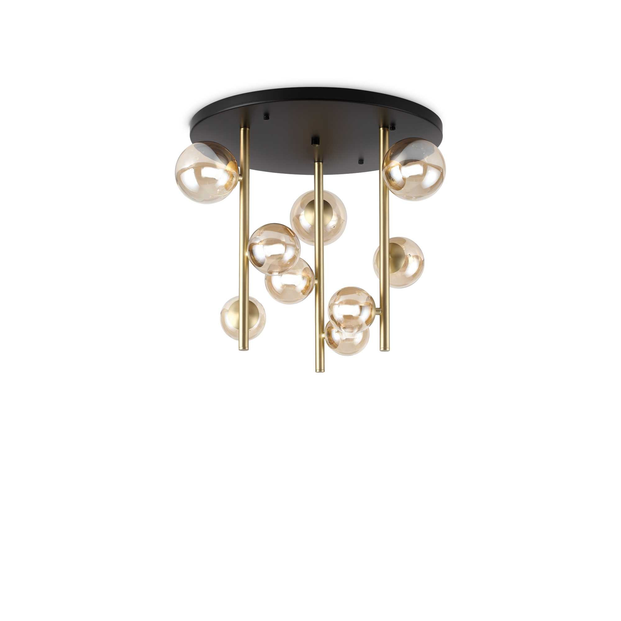 Lampada da soffitto nera con aste dorate e sfere di vetro ambra.