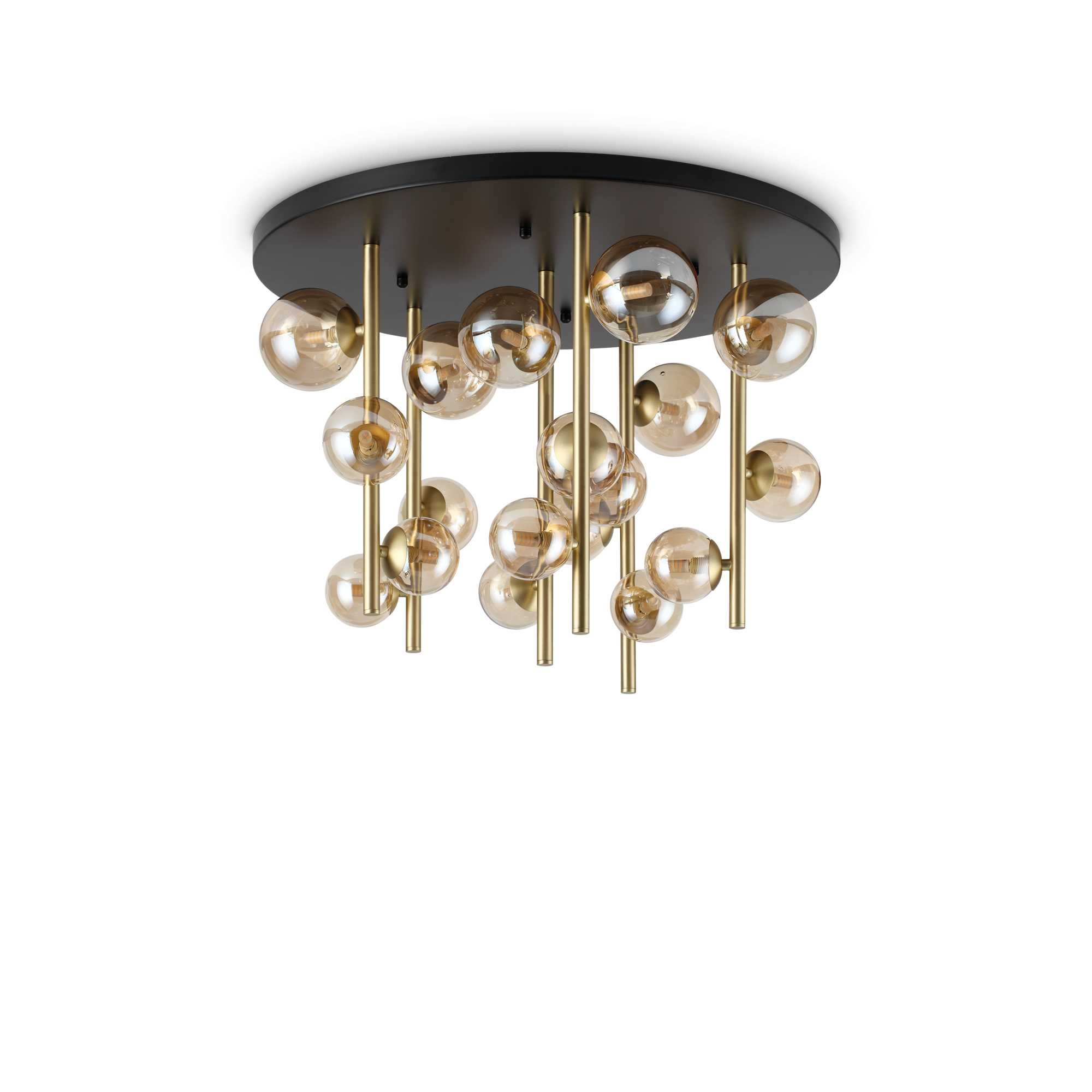 Lampada da soffitto con base nera e aste dorate che sorreggono sfere di vetro ambra.