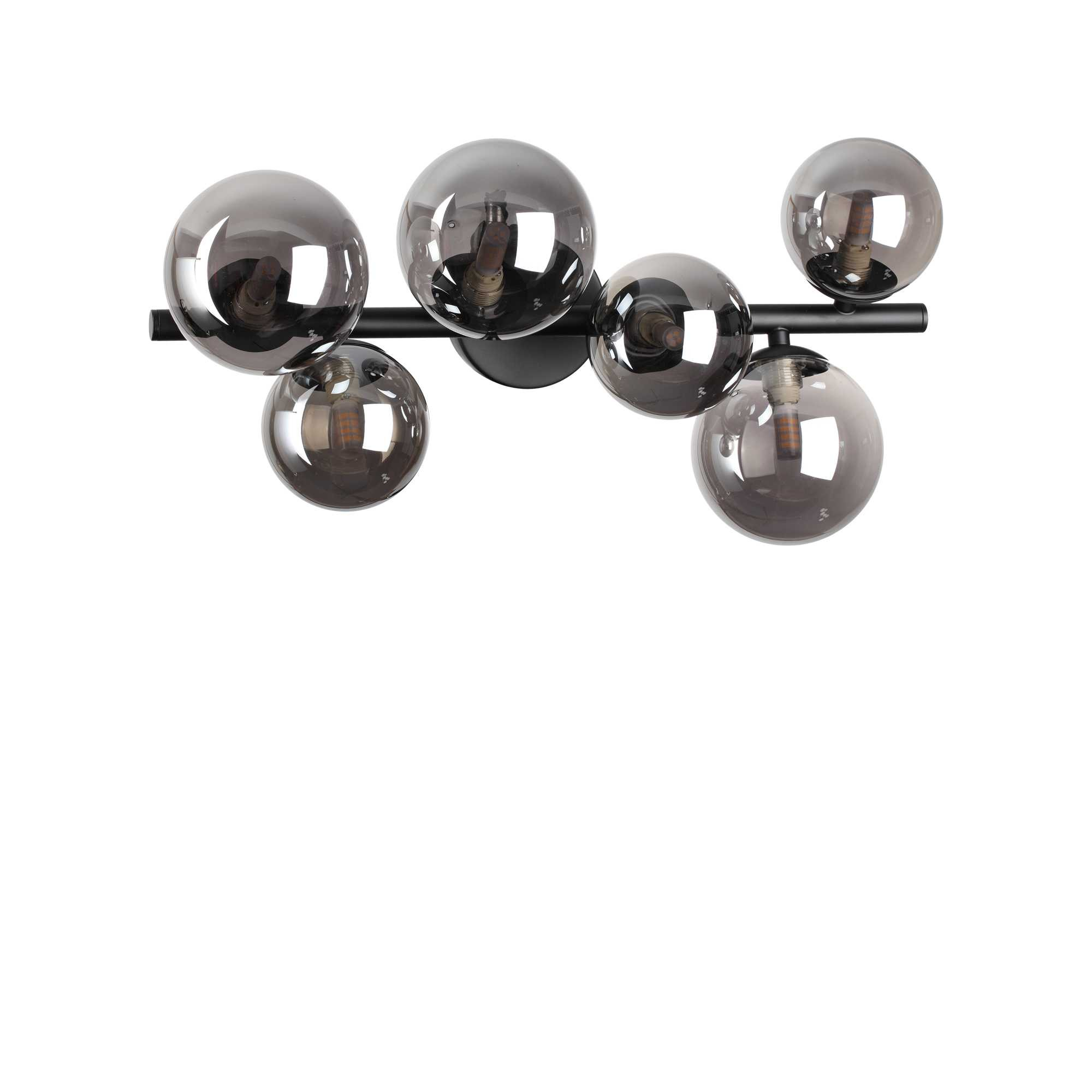 Una lampada nera con sei globi di vetro fumé su telaio metallico.