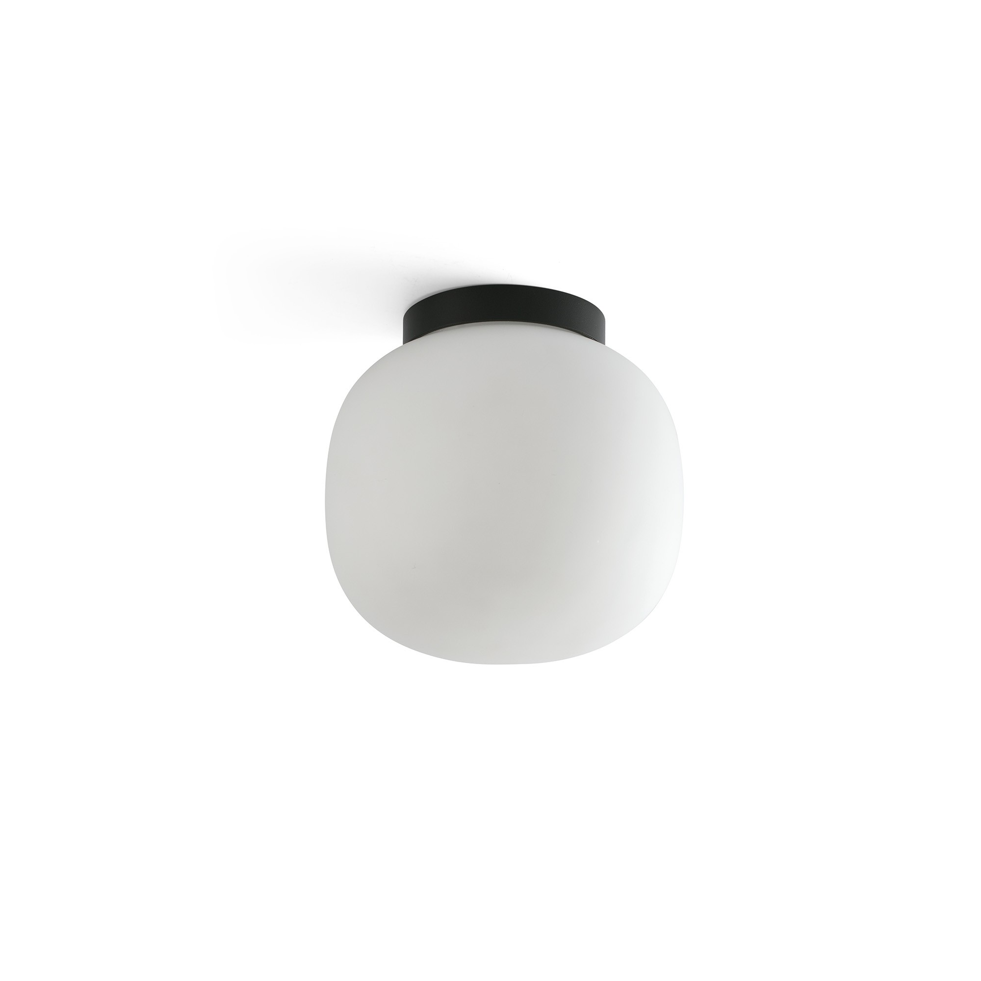 Una lampada bianca sferica con base nera, su sfondo bianco.