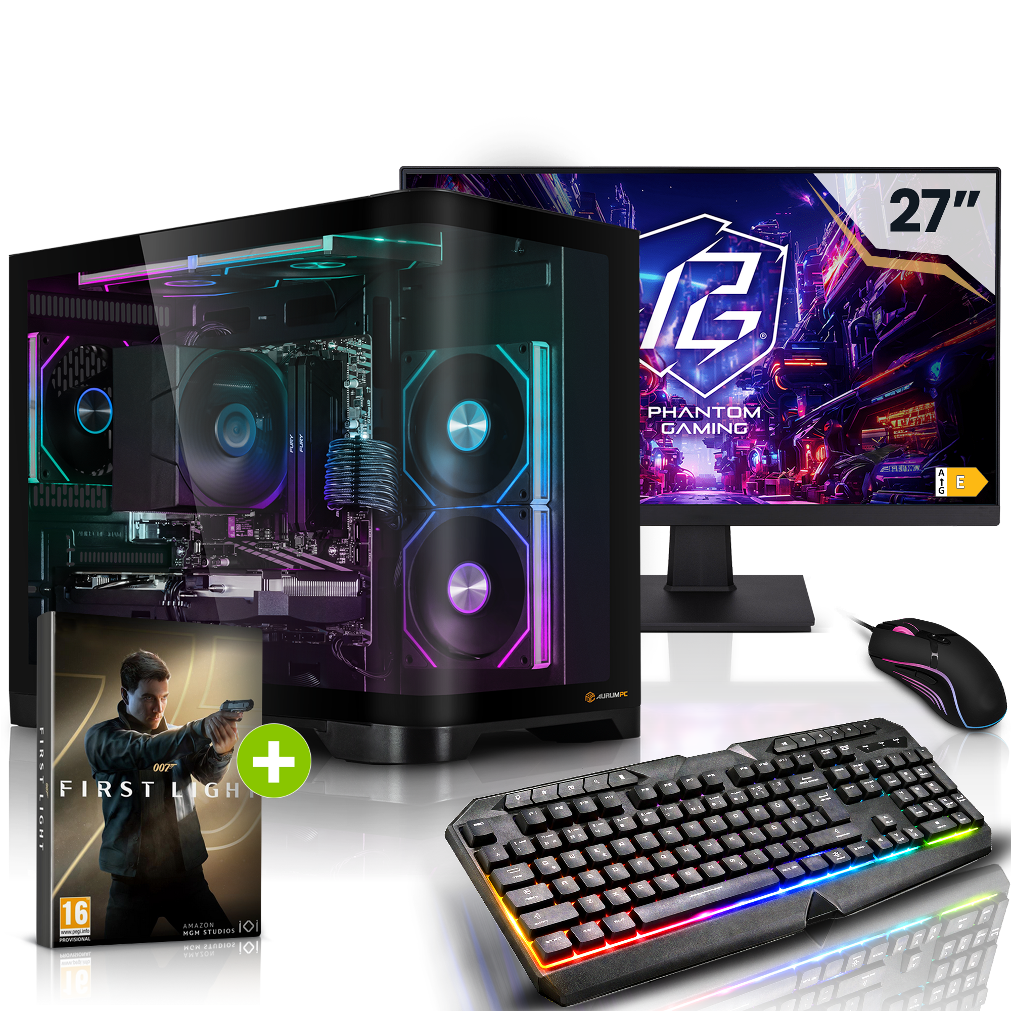 Ein Gaming-PC-Setup mit einem Gehäuse mit RGB-Lüftern, einem 27-Zoll-Monitor, Tastatur und Maus.