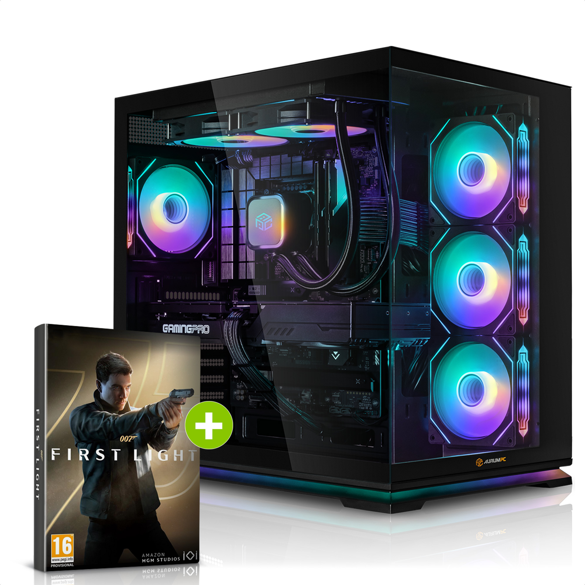 Gaming-PC mit RGB-Lüftern neben einer 'First Light'-Videospielhülle mit James Bond.