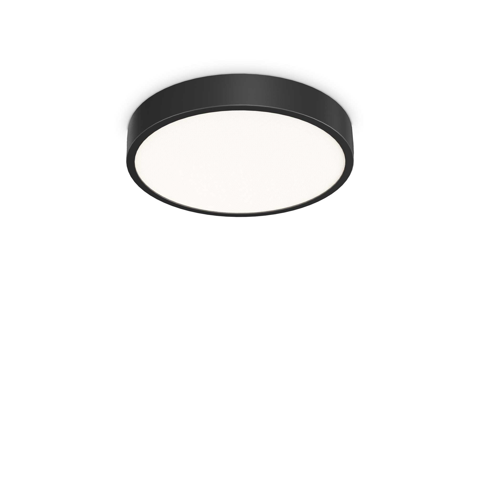 Plafoniera nera con diffusore bianco rotondo e illuminato su sfondo bianco.