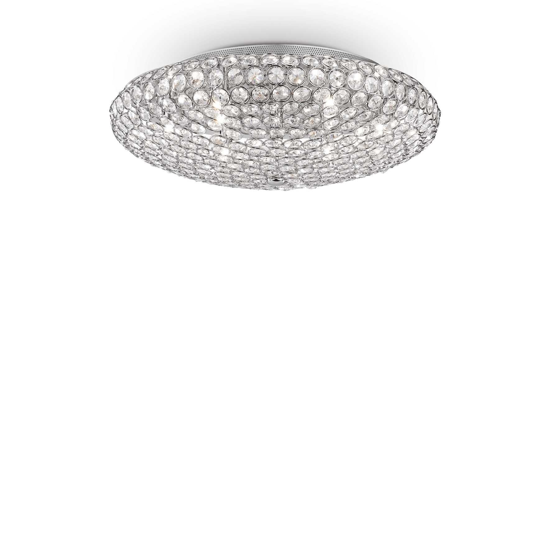 Plafoniera rotonda con molti cristalli e cornice cromata.