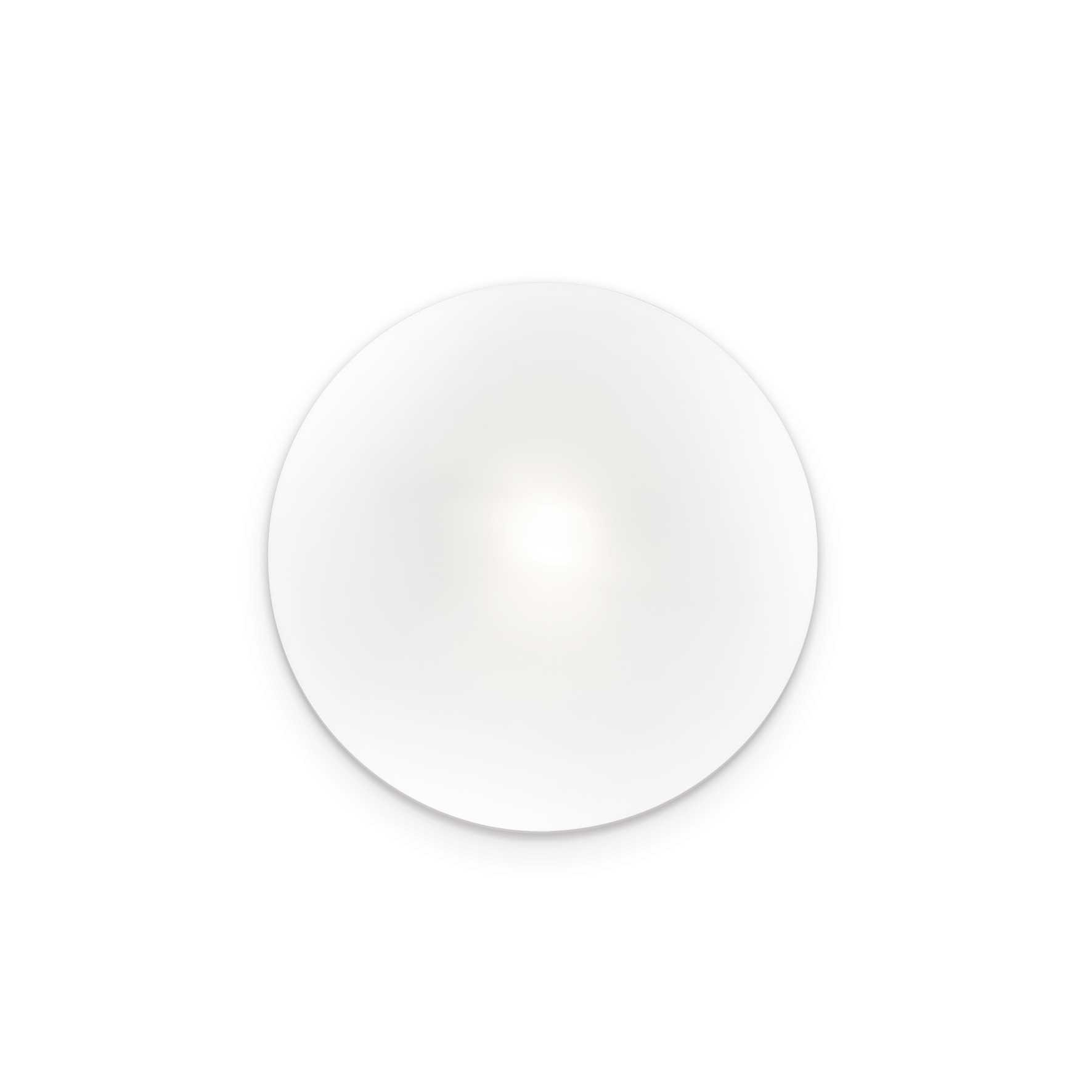 Una capsula bianca e rotonda con una leggera lucentezza al centro su sfondo bianco.