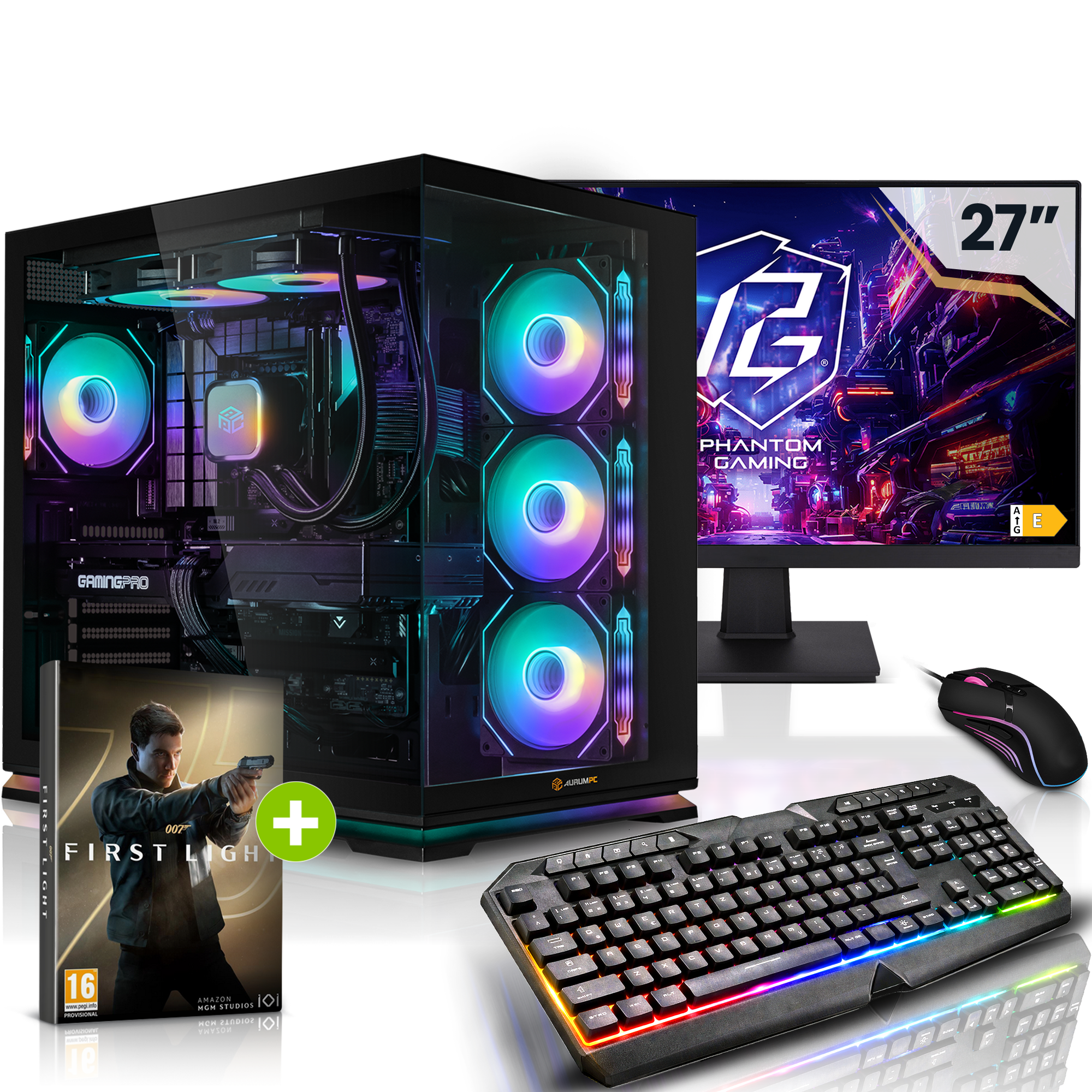 Gaming-PC mit RGB-Lüftern, 27-Zoll-Monitor, Tastatur, Maus und Spiel.