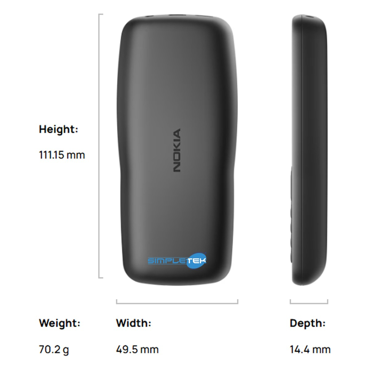 Wymiary telefonu Nokia: 111,15 mm W, 49,5 mm S, 14,4 mm G. Waga: 70,2 g.