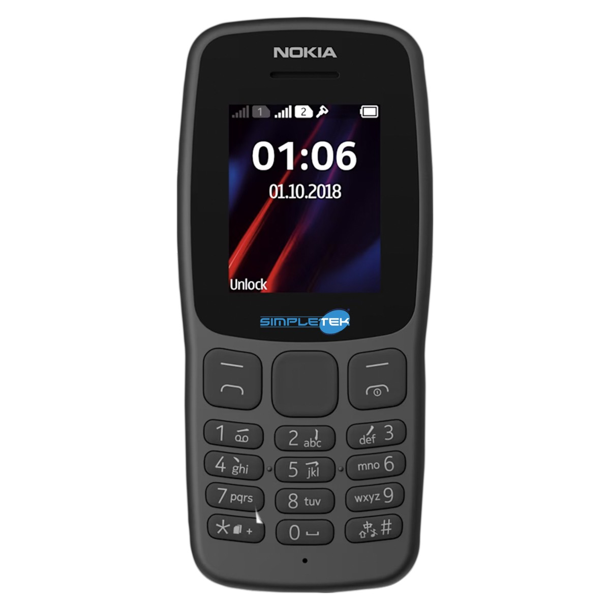 Szary telefon Nokia z klawiaturą numeryczną, wyświetla godzinę 01:06 i datę 01.10.2018.