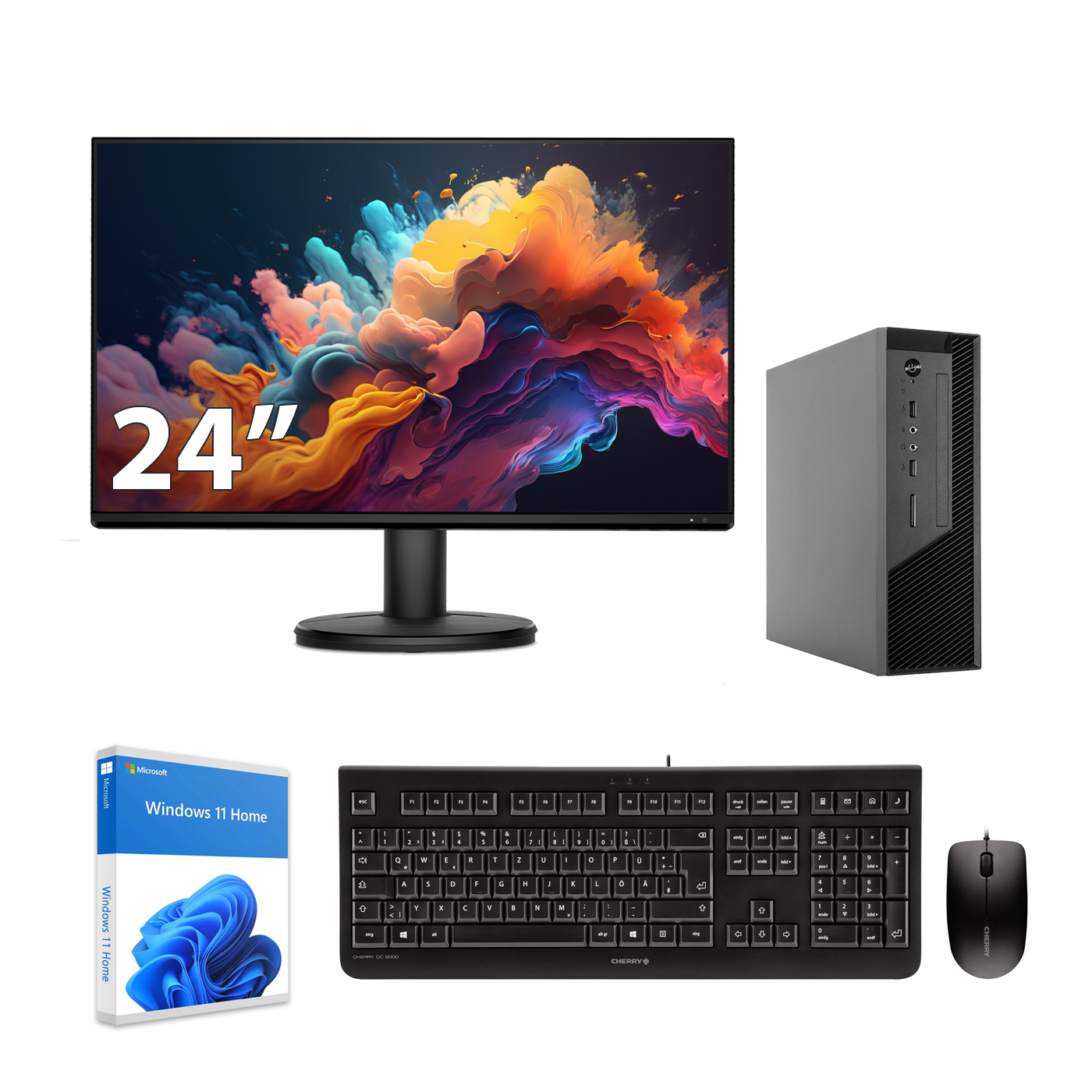 Monitor 24 cale, obudowa PC, klawiatura, mysz i oprogramowanie Windows 11 Home.
