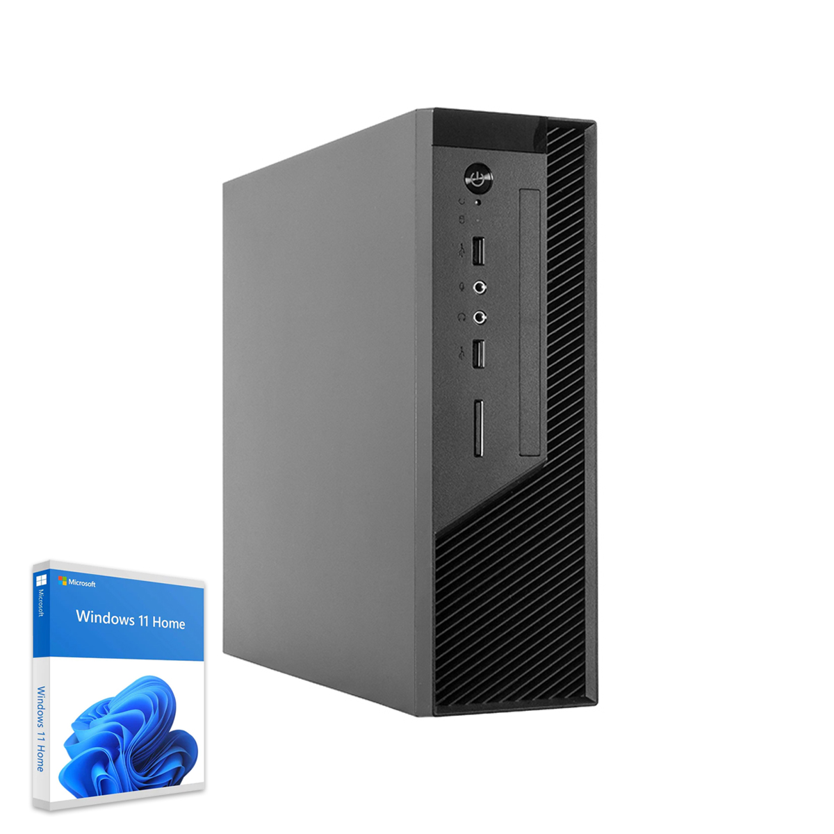 Ein grauer Desktop-Computer-Tower steht neben einer Windows 11 Home-Box.